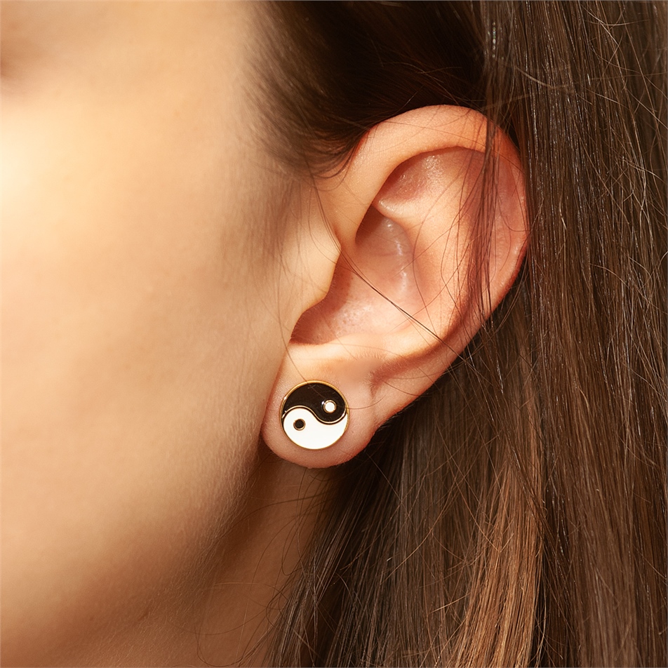 Solid Gold Enamel Yin Yang Earring