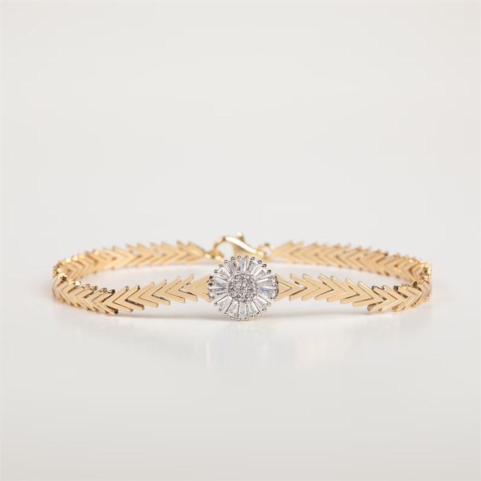 Baguette CZ Medallion Chevron Solid Gold Bracelet 