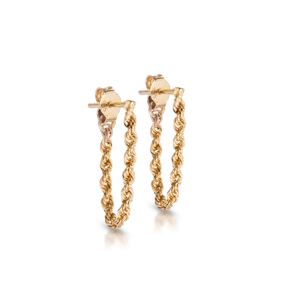 Twisted Rope Chain Earrings 14K Solid Gold Stud Dangle Rope