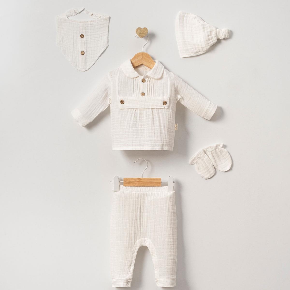 Bebe Yaka Düğmeli Kız Bebek Beşli Hastane Çıkış Seti