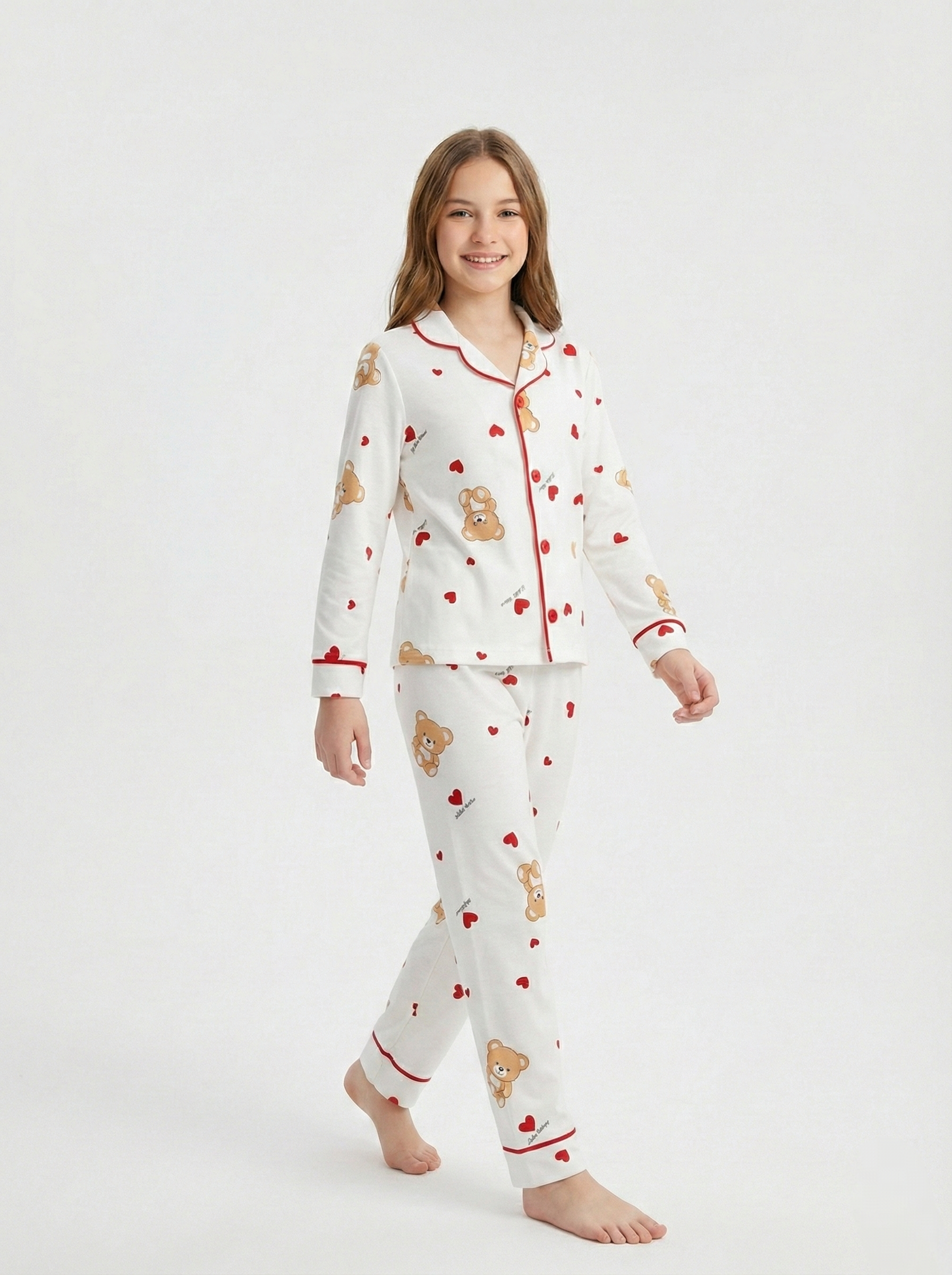 DOLAŞ KİDS UNİSEX ÇOCUK AYICIK KALPLİ  PİJAMA TAKIMI