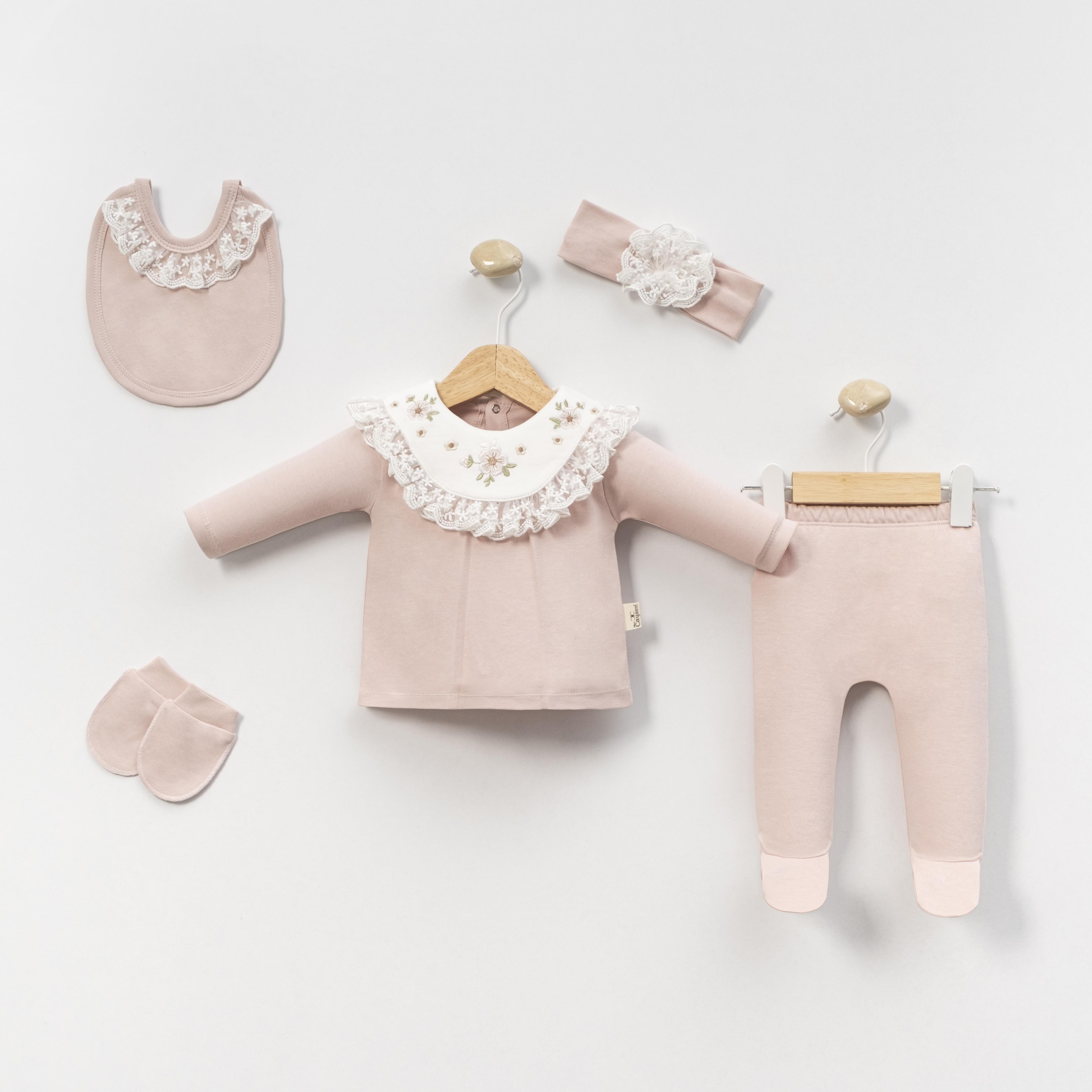 MİNİ CAYZEN ÇİÇEK YAKA NAKIŞLI 5 Lİ HASTANE ÇIKIŞ SETİ