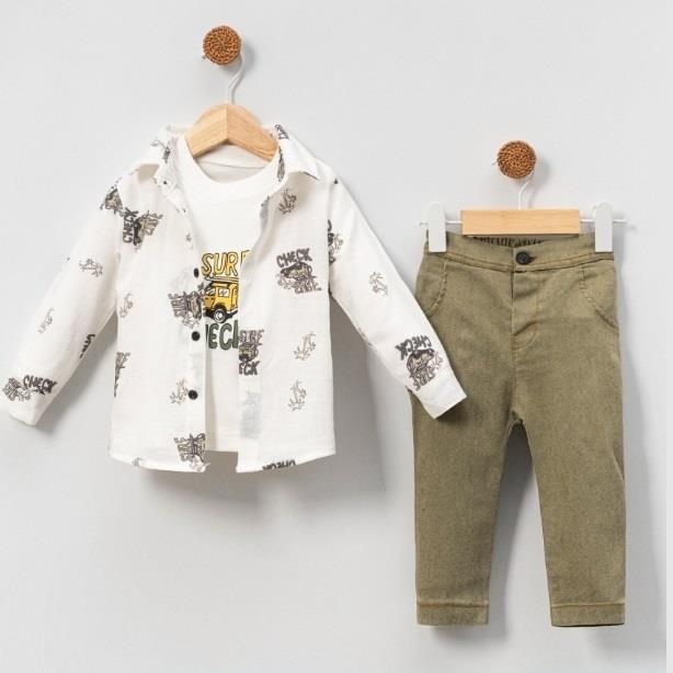 Araba Baskılı Erkek Bebek Kot Pantolonlu Üçlü Takım