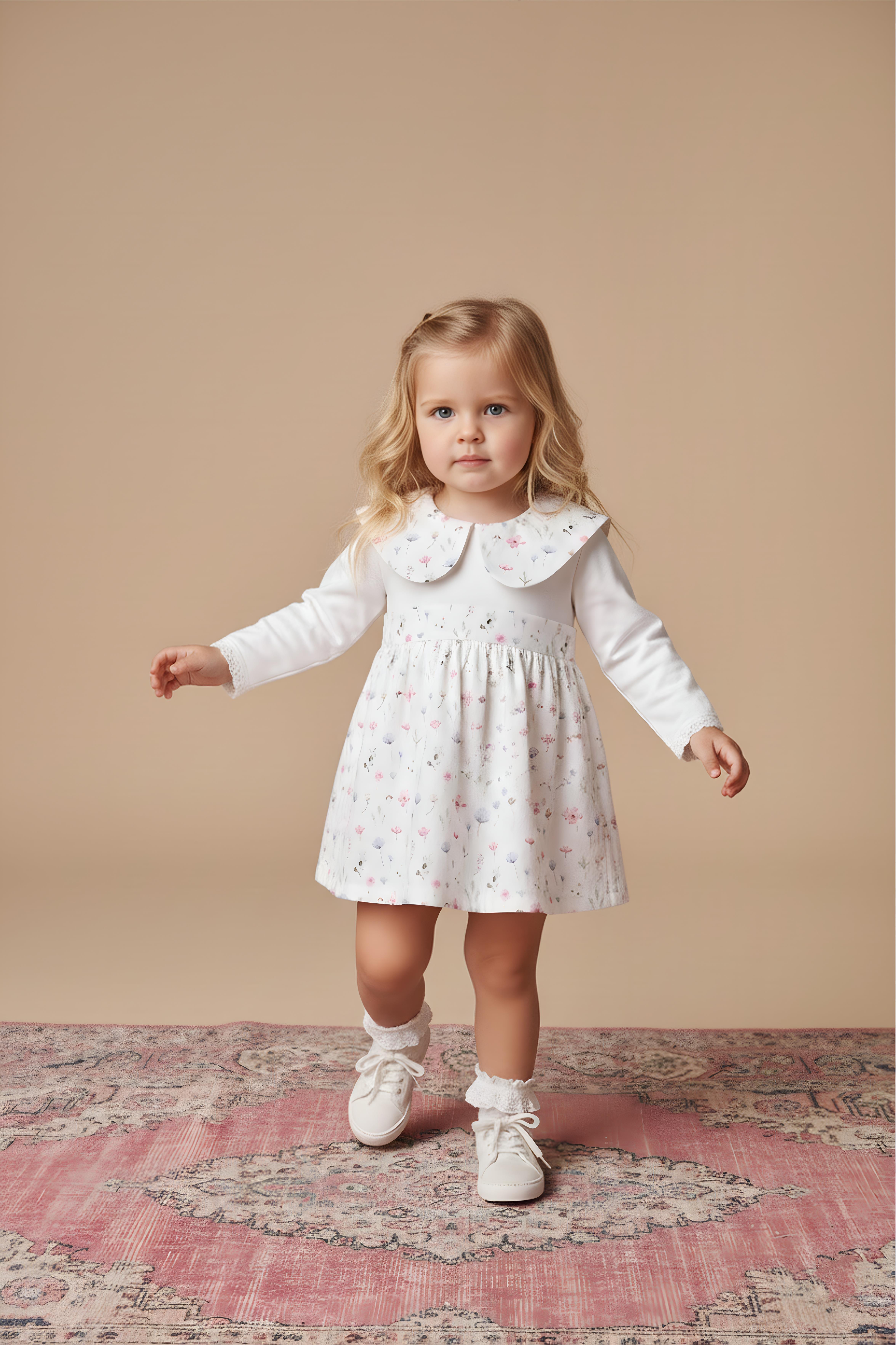 BEBEDEXS BEBE ÇİÇEKLİ FLAMLI KETEN ELBİSE 6-24 AY