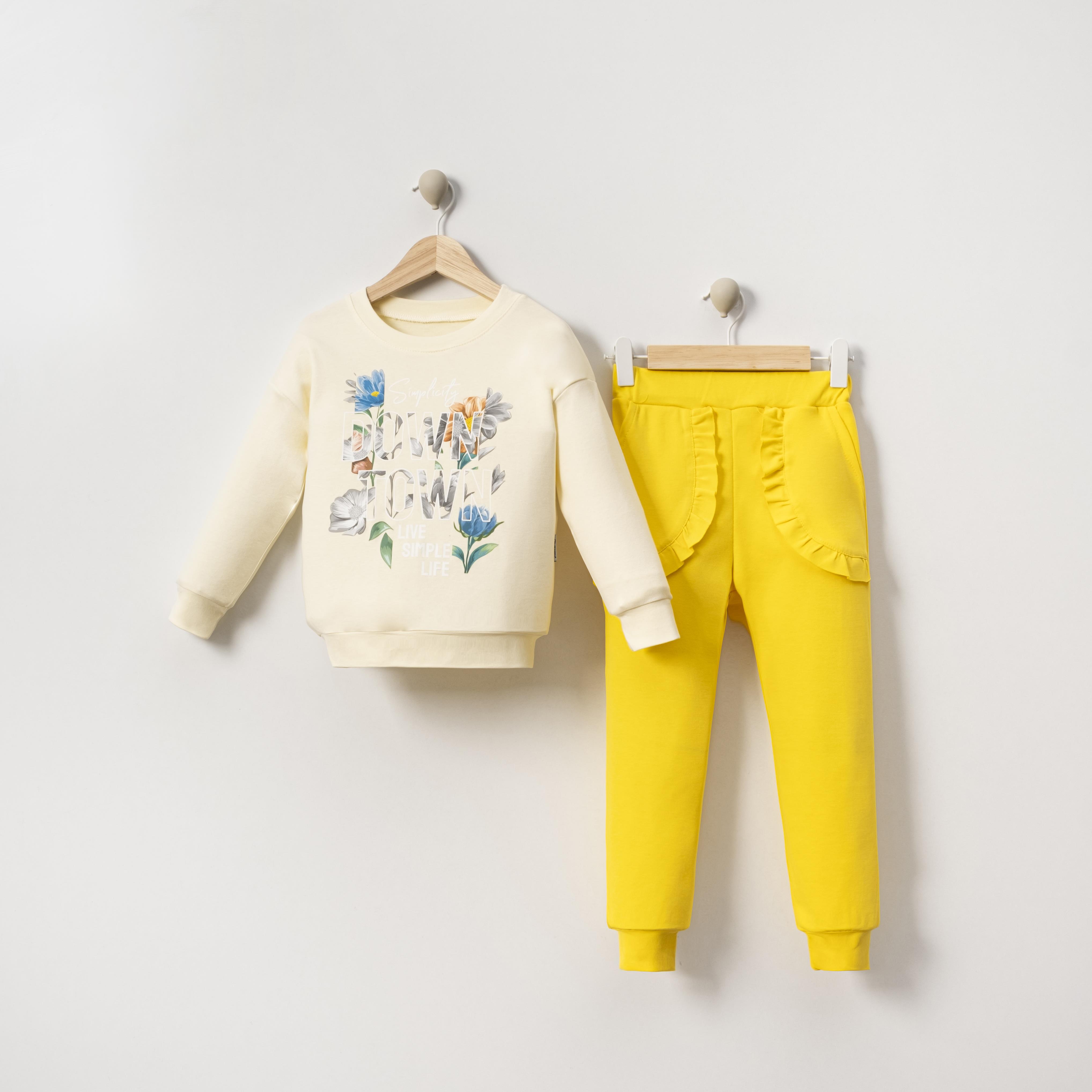 Çiçek Ve Yazı Baskılı Kız Çocuk İkili Takım