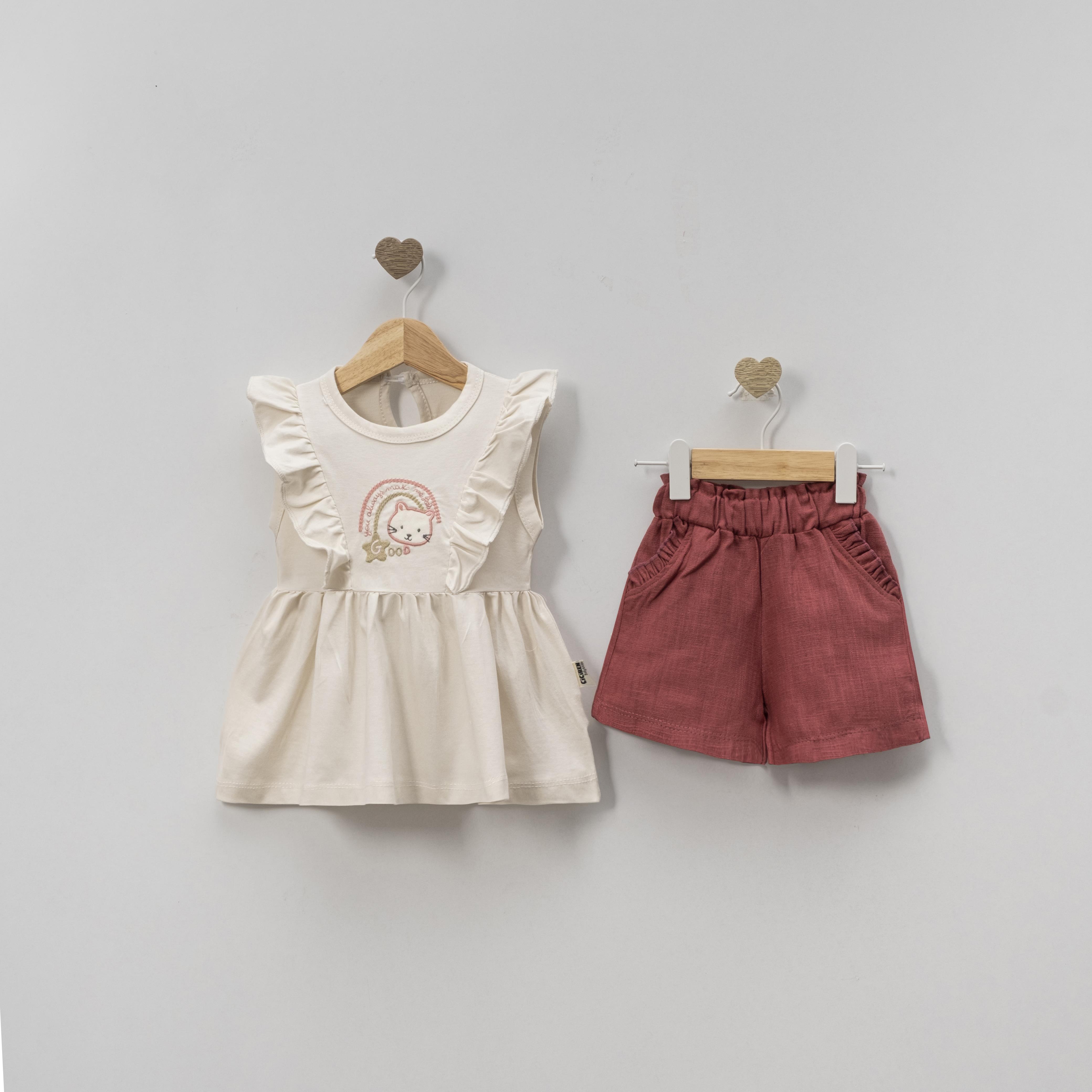 CİCİBEN KIZ BEBEK KEDİ NAKIŞLI ŞORTLU TAKIM 6-24 M