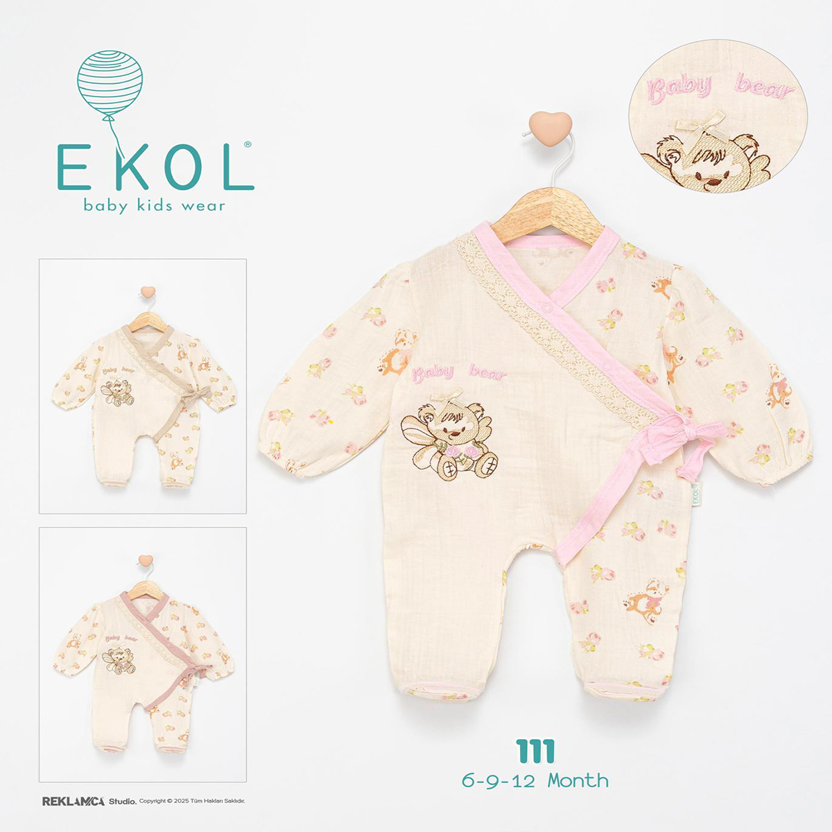 EKOL BABY BEAR NAKIŞLI FİSTOLU KIZ BEBEK TULUM