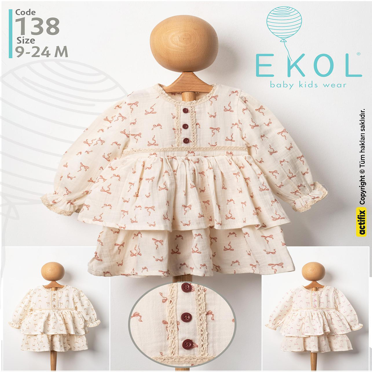 EKOL BABY FİYONK DESENLİ KIZ BEBEK ELBİSE