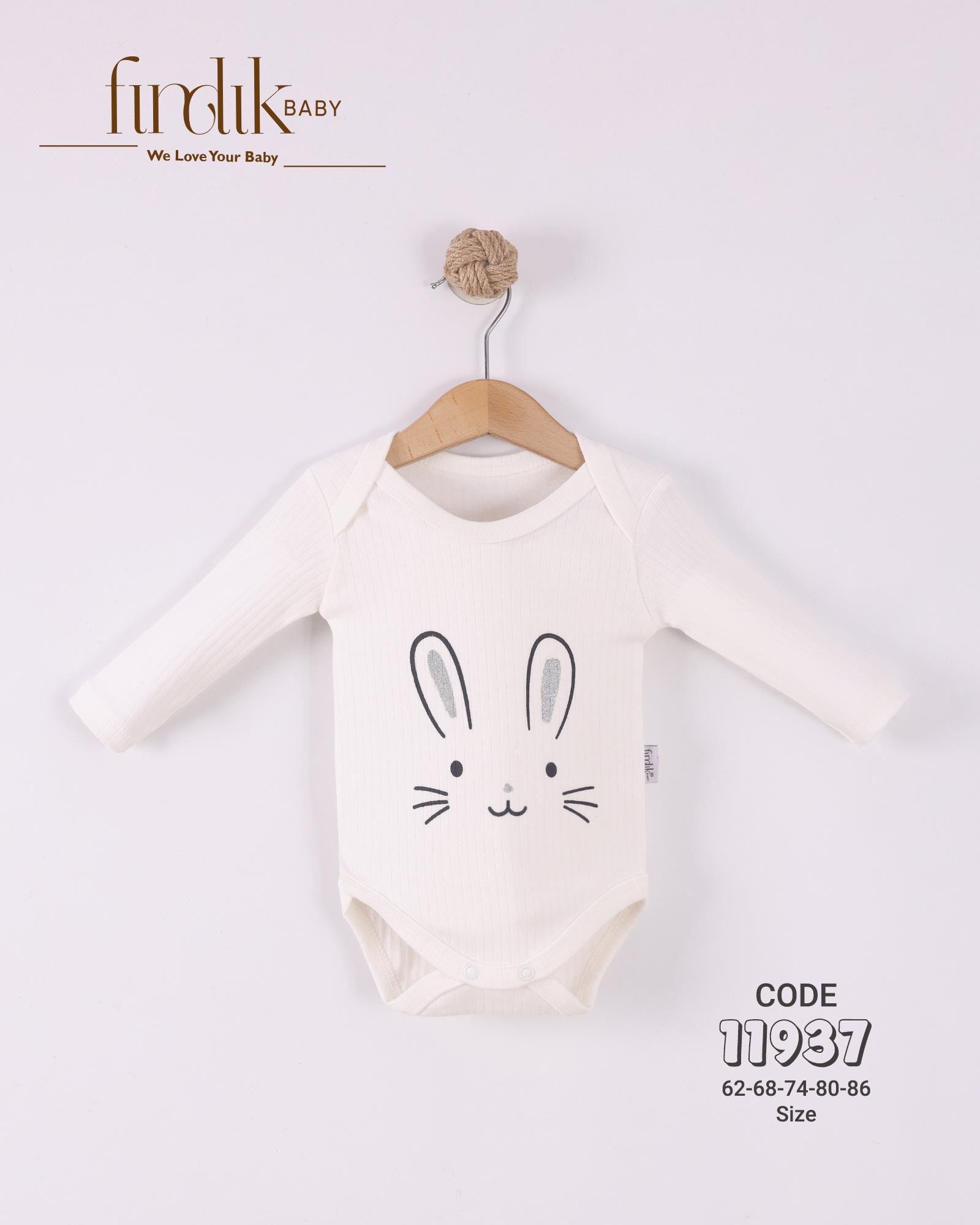 FINDIK BEBE TAVŞAN BASKILI KIZ BEBEK UZUN KOL BADİ