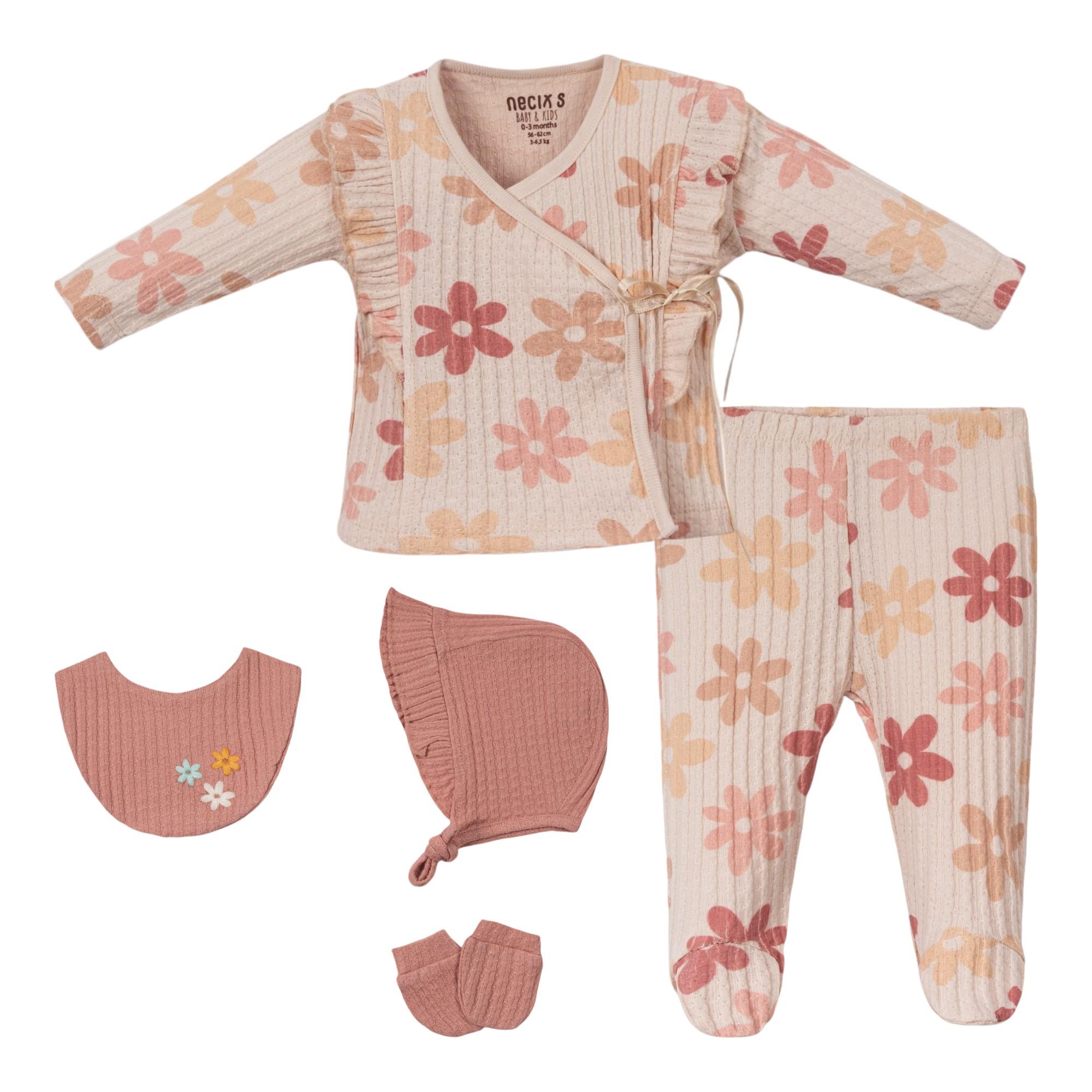 Furuna Çiçek Baskılı Kız Bebek Hastane Çıkışı Beşli Set