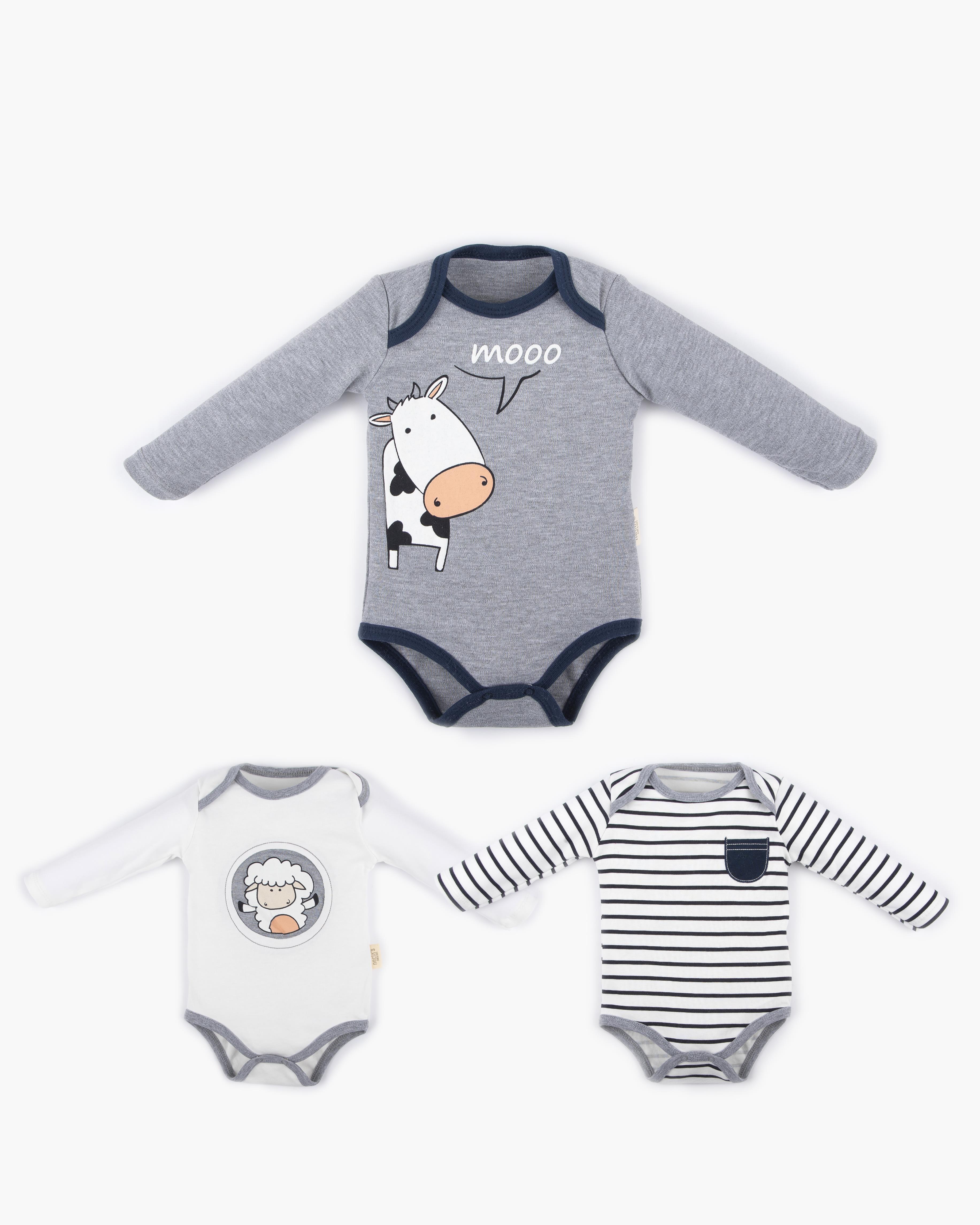 İnek Baskılı Erkek Bebek Üçlü Body