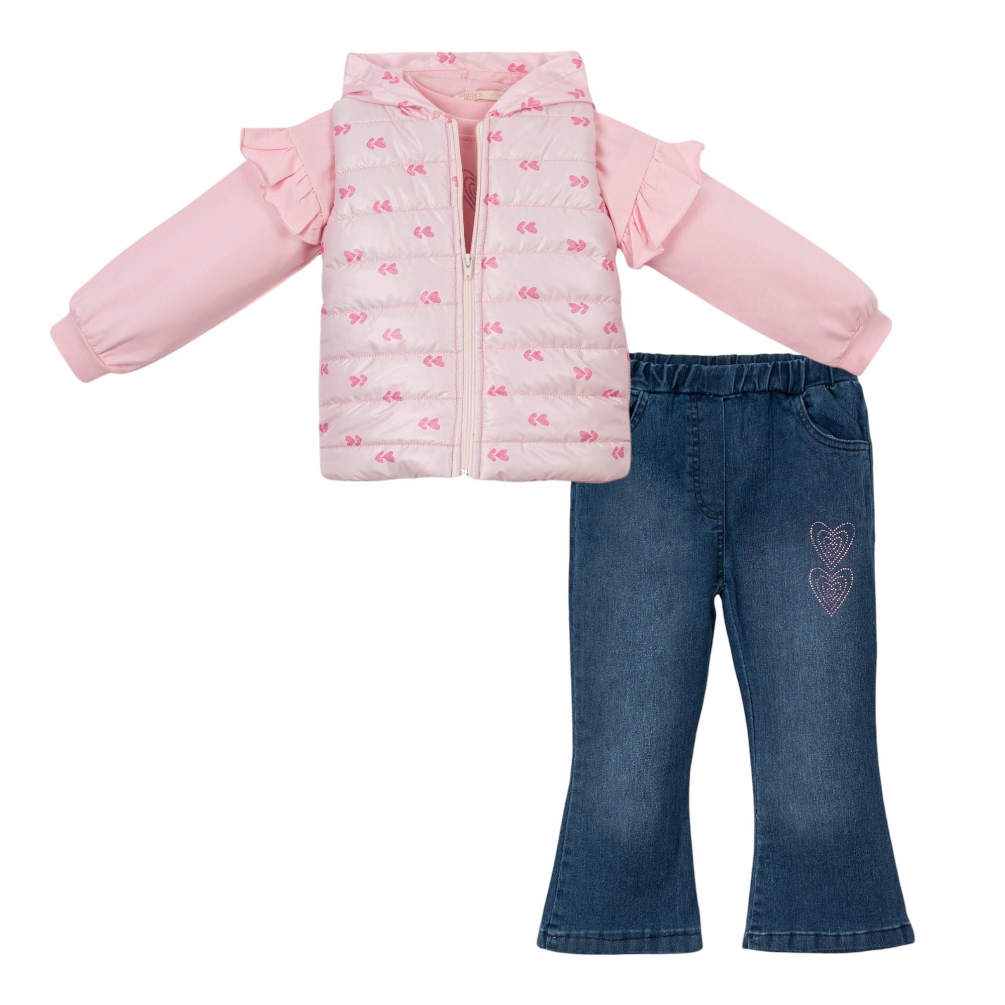 Kalp Desenli Elas Şişme Yelekli Kız Bebek Üçlü Takım