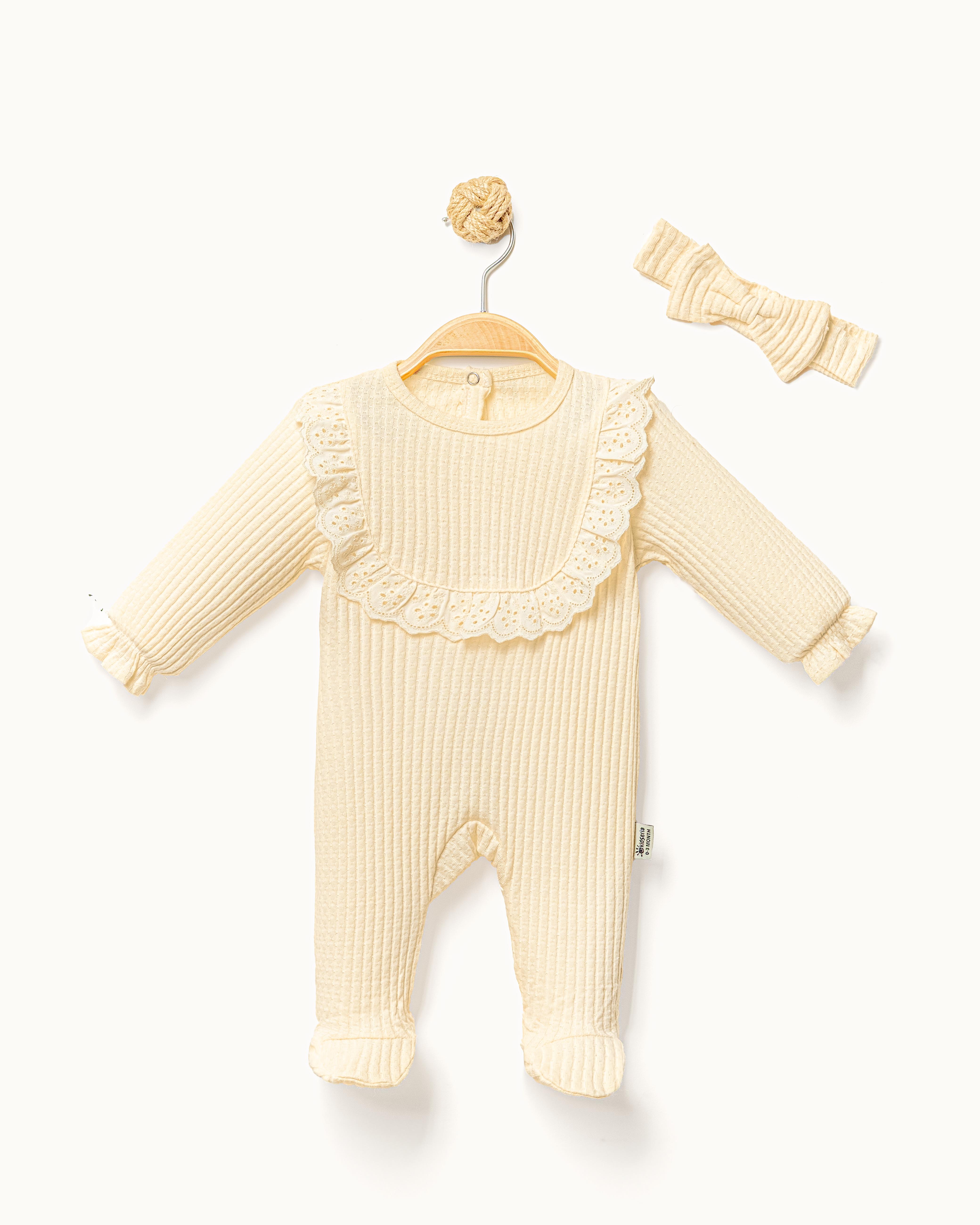 KİDSERİA JAKAR KUMAŞ FİSTO DETAYLI KIZ BEBEK TULUM