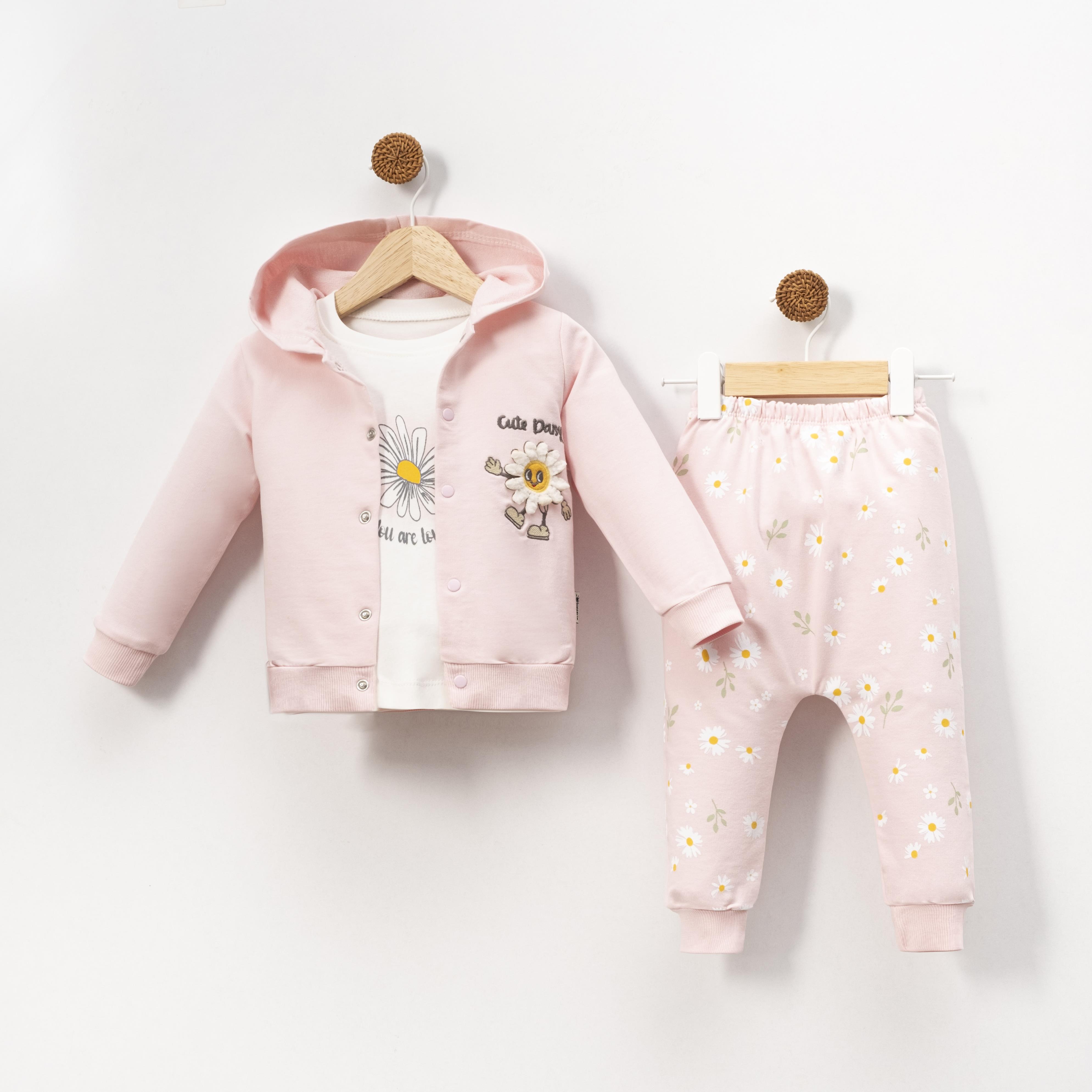 KİDSERİA PAPATYA BASKILI KAPÜŞONLU  KIZ BEBEK 3 LÜ TAKI