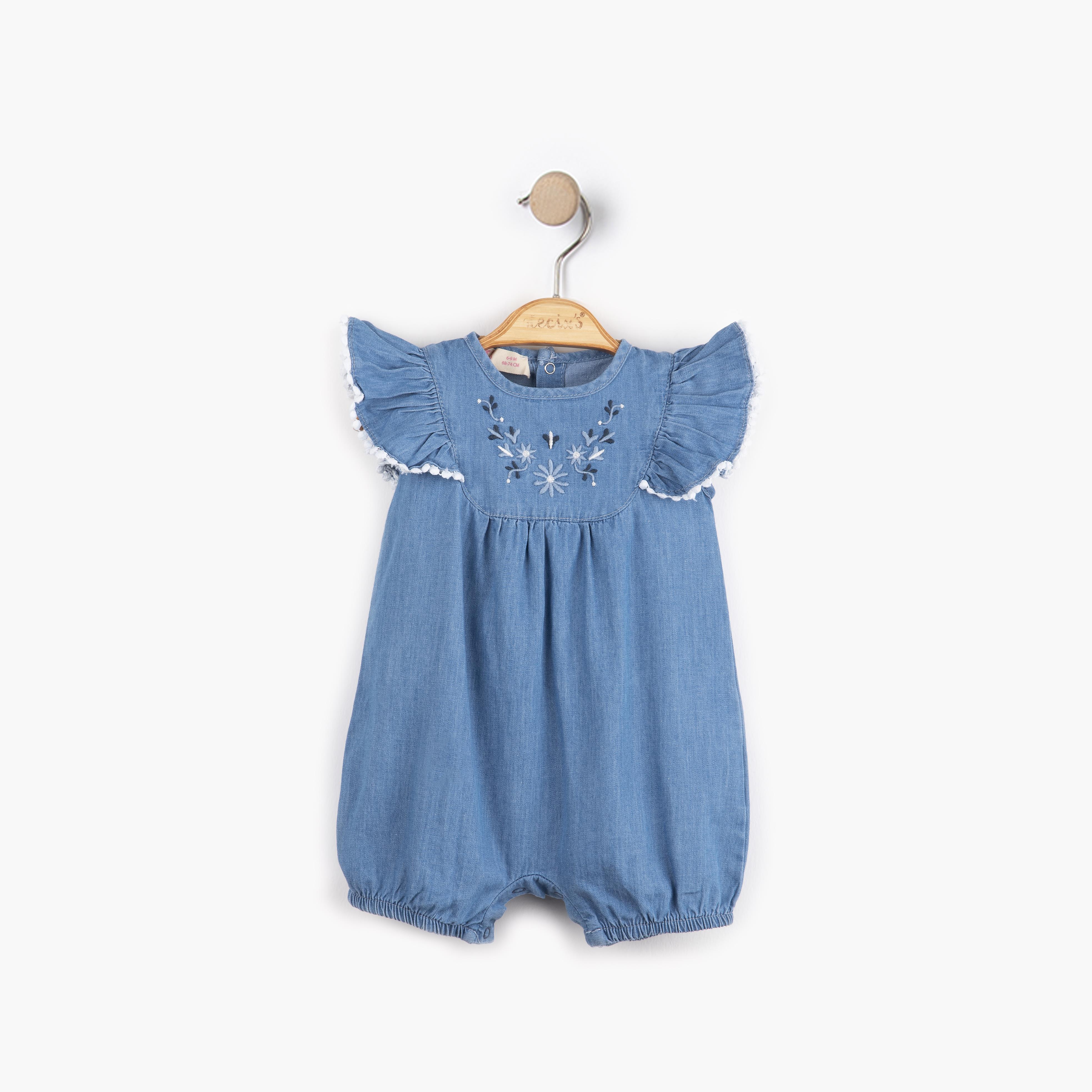 Kolları Fırfırlı Kız Bebek Kot Tulum