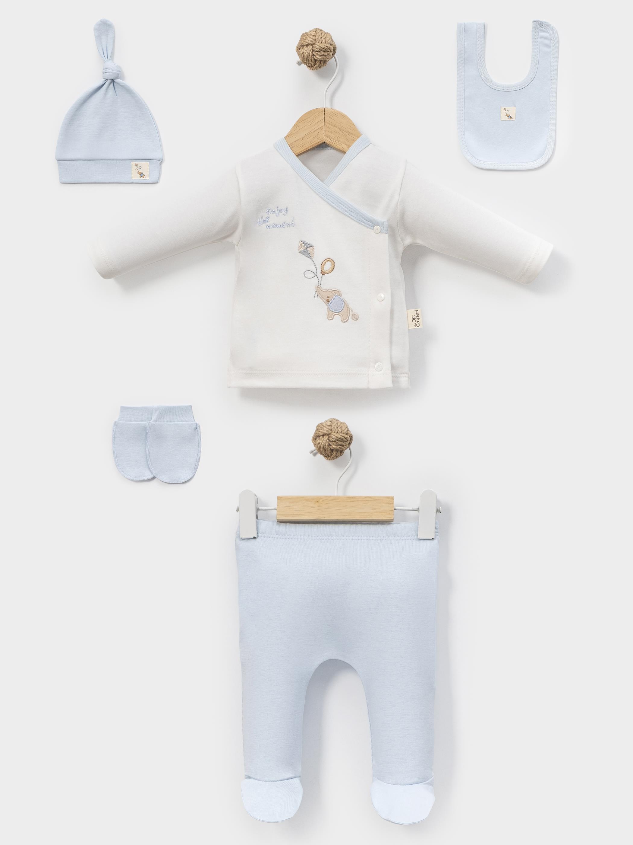 MİNİ CAYZEN FİLLİ NAKIŞLI ERKEK 5 Lİ HASTANE ÇIKIŞ SETİ