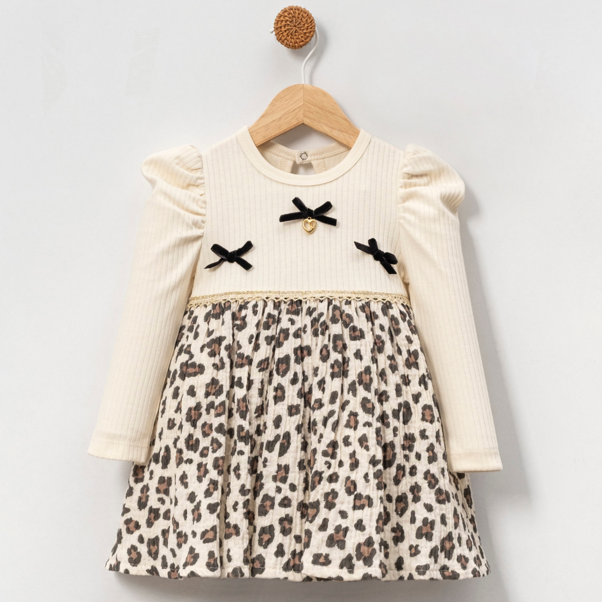 MİNİ CAYZEN LEOPARLI FİYONKLU KIZ BEBEK  ELBİSE