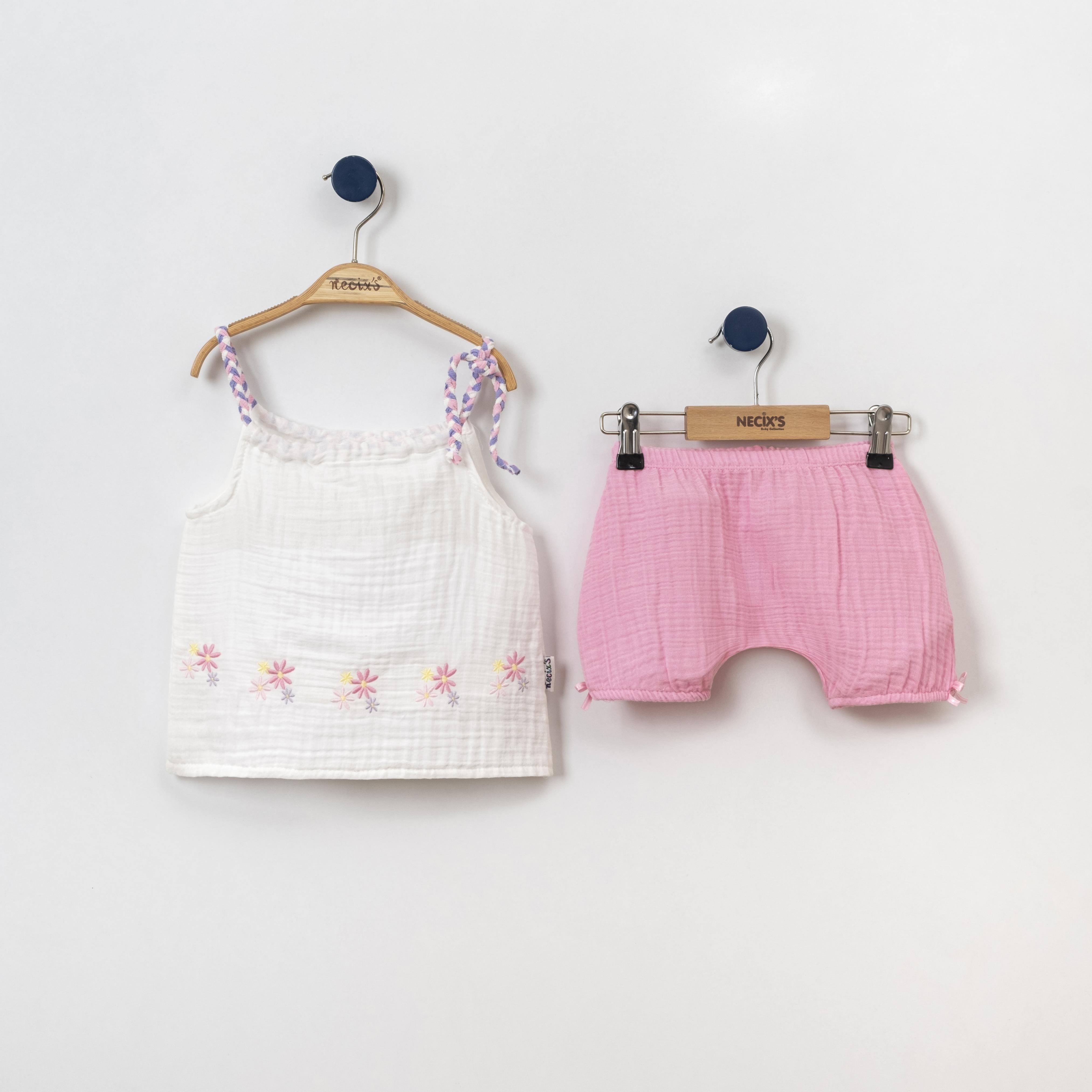 Necix's Eteği Çiçek Nakışlı Müslin Kız Bebek İkili Takım