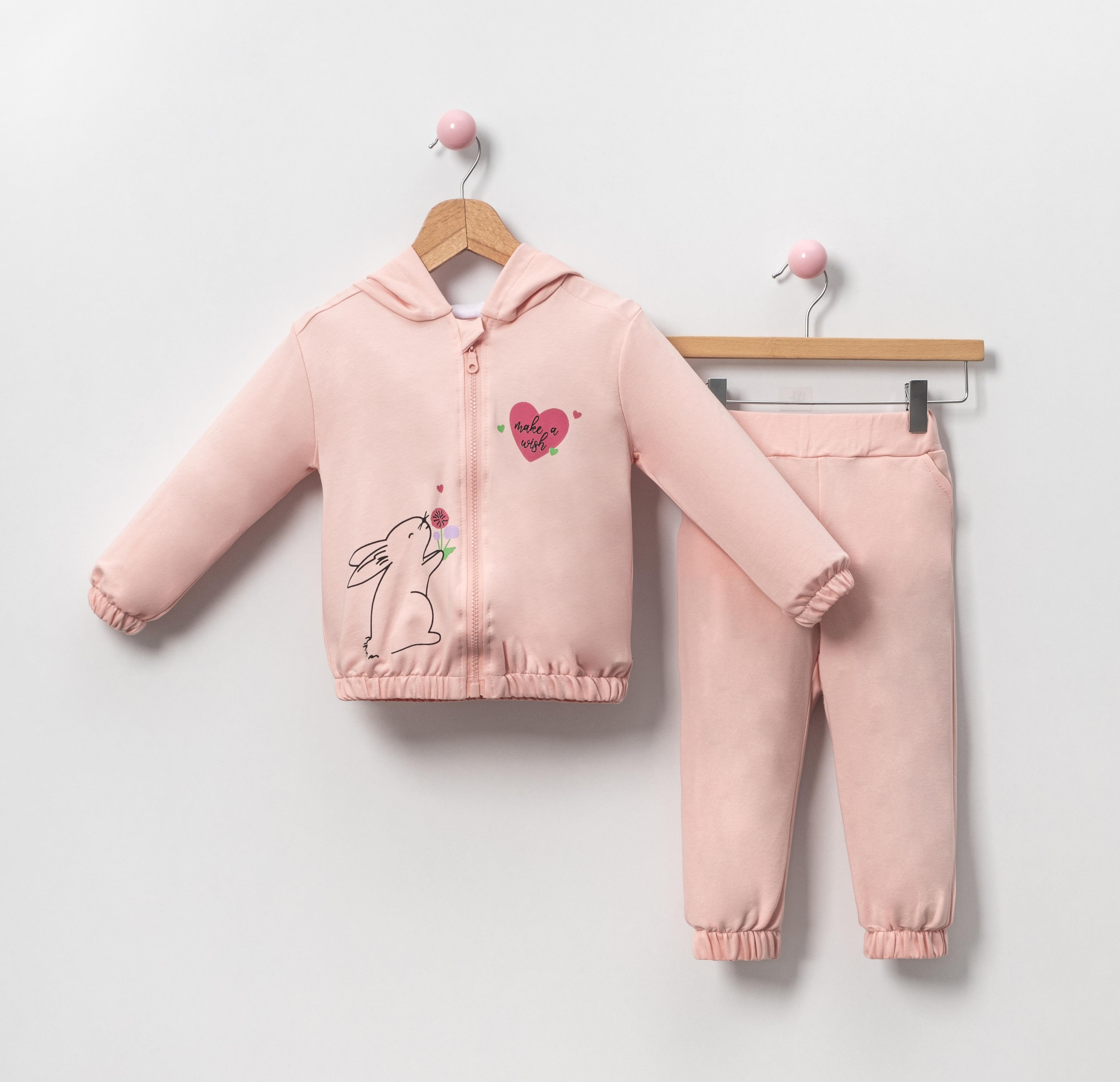 Pearly Tavşan Baskılı Kapüşonlu Fermuarlı Kız Çocuk İkili Takım