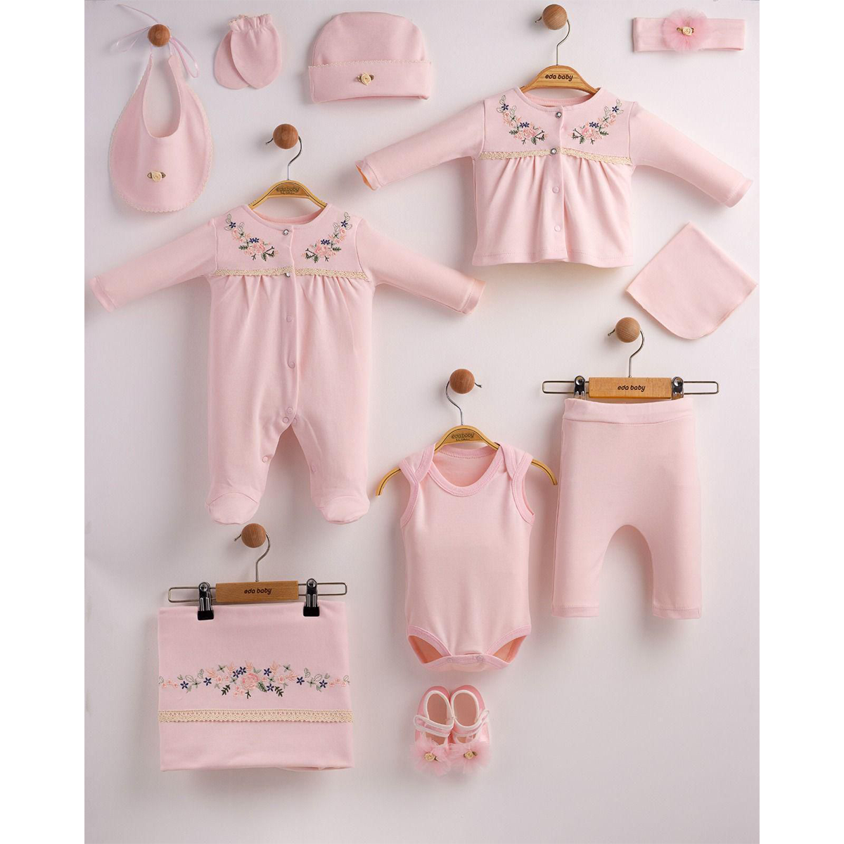 Sıralı Çiçek Desenli Kız Bebek Onlu Hastane Çıkış Set