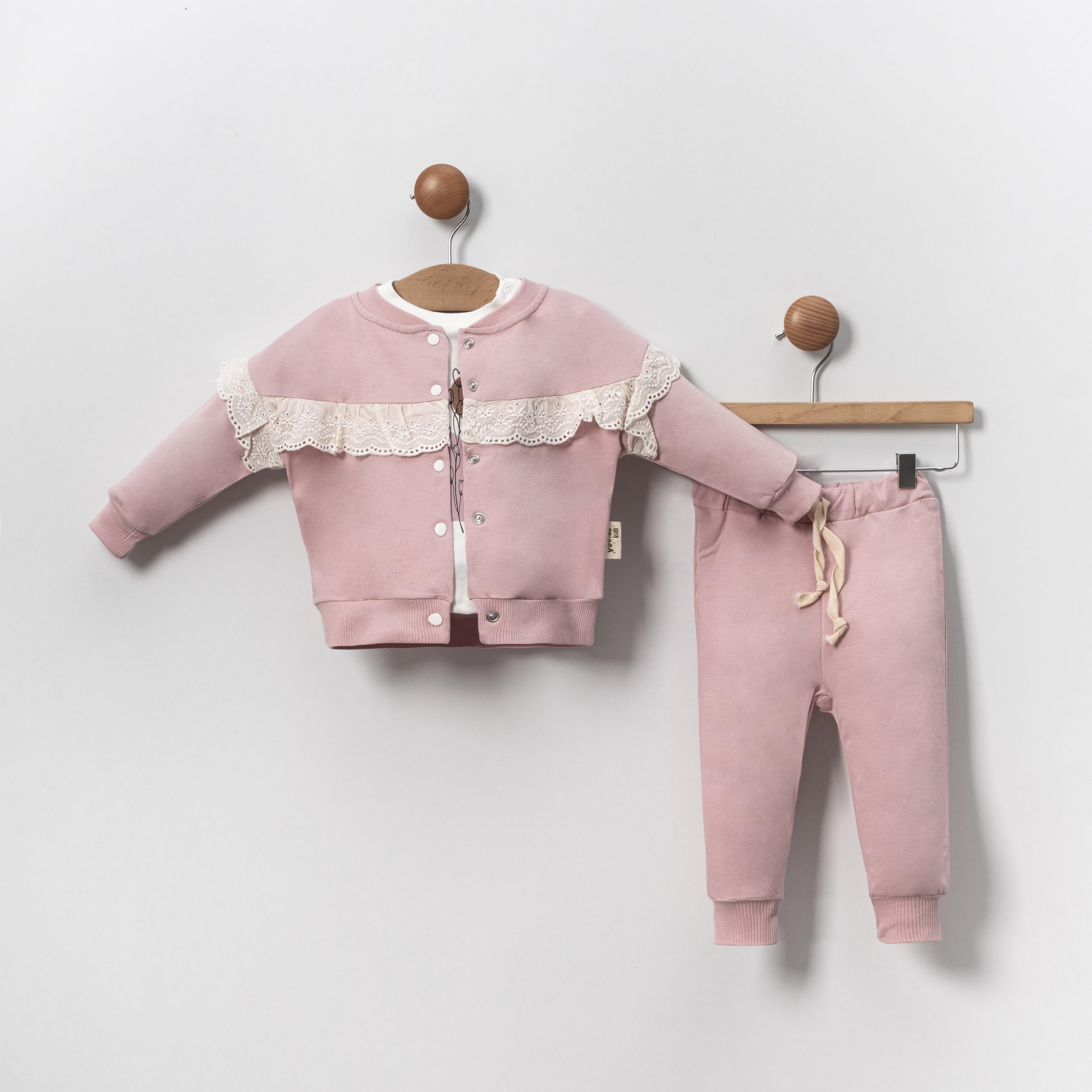 Vovido Brode Fırfırlı Oversize Kız Bebek Üçlü Takım