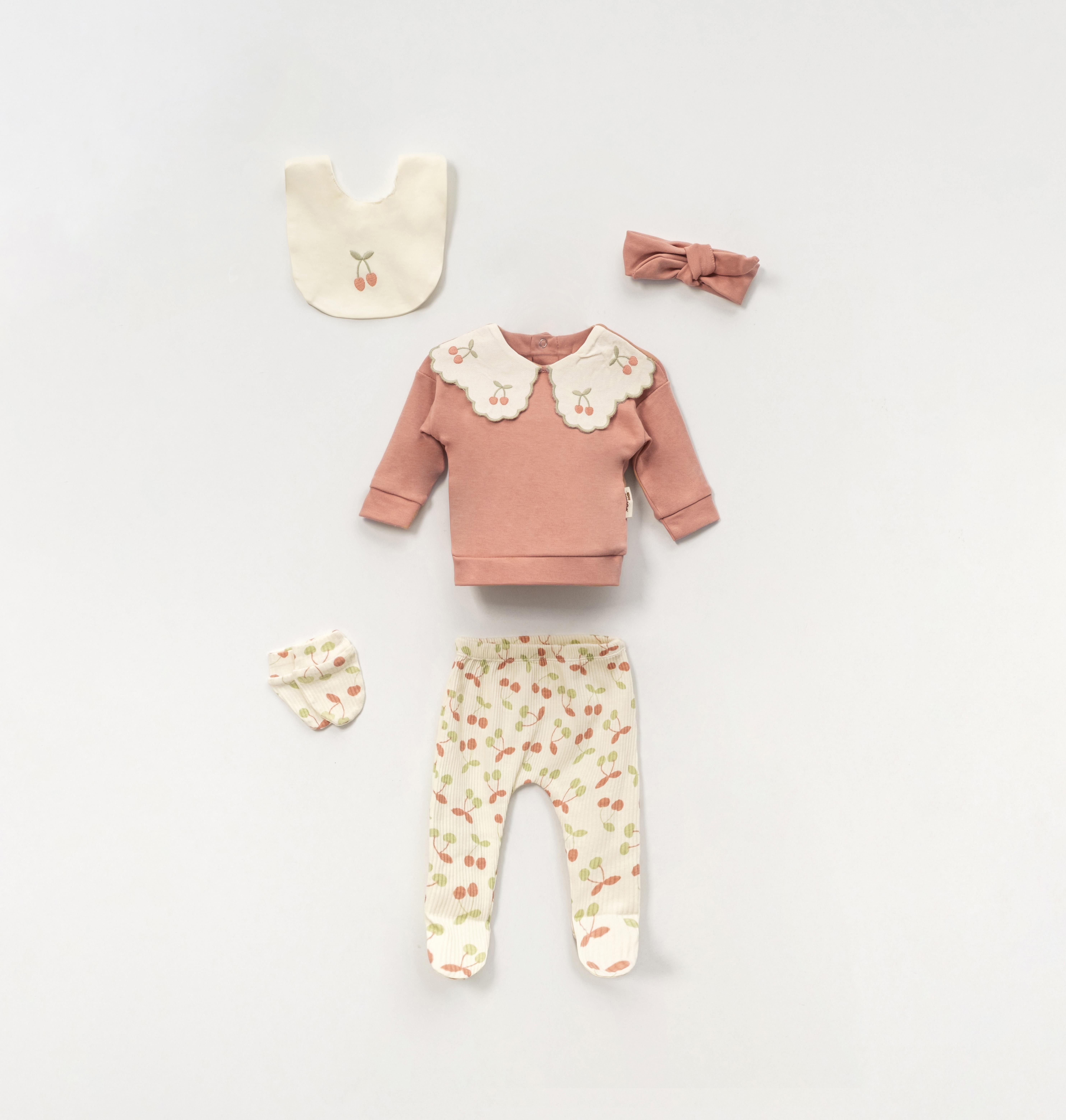 VOVİDO KIZ BEBEK KİRAZ YAKALI BASKILI 5 Lİ SET