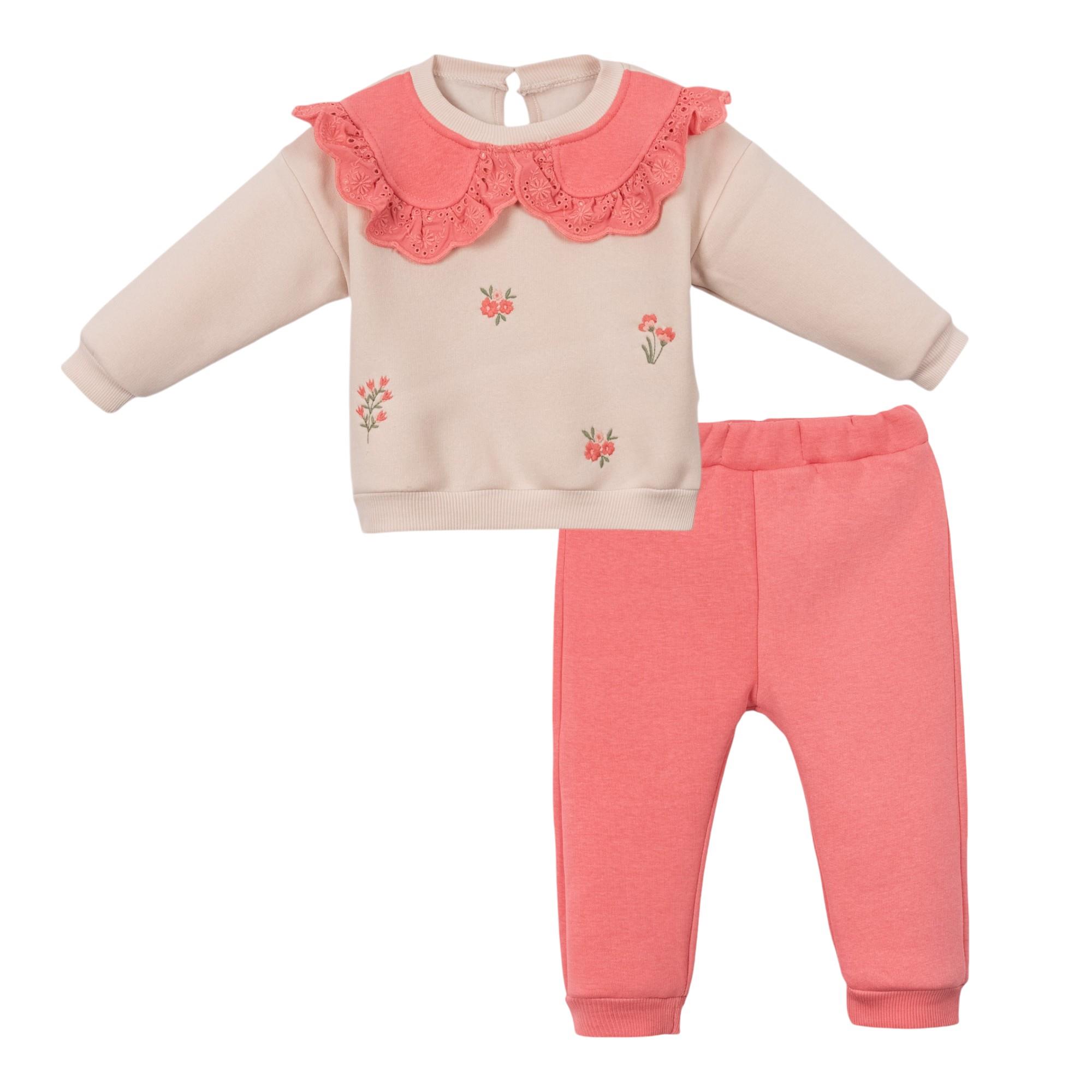 Yakalı Çiçek Nakışlı Kız Bebek İkili Takım