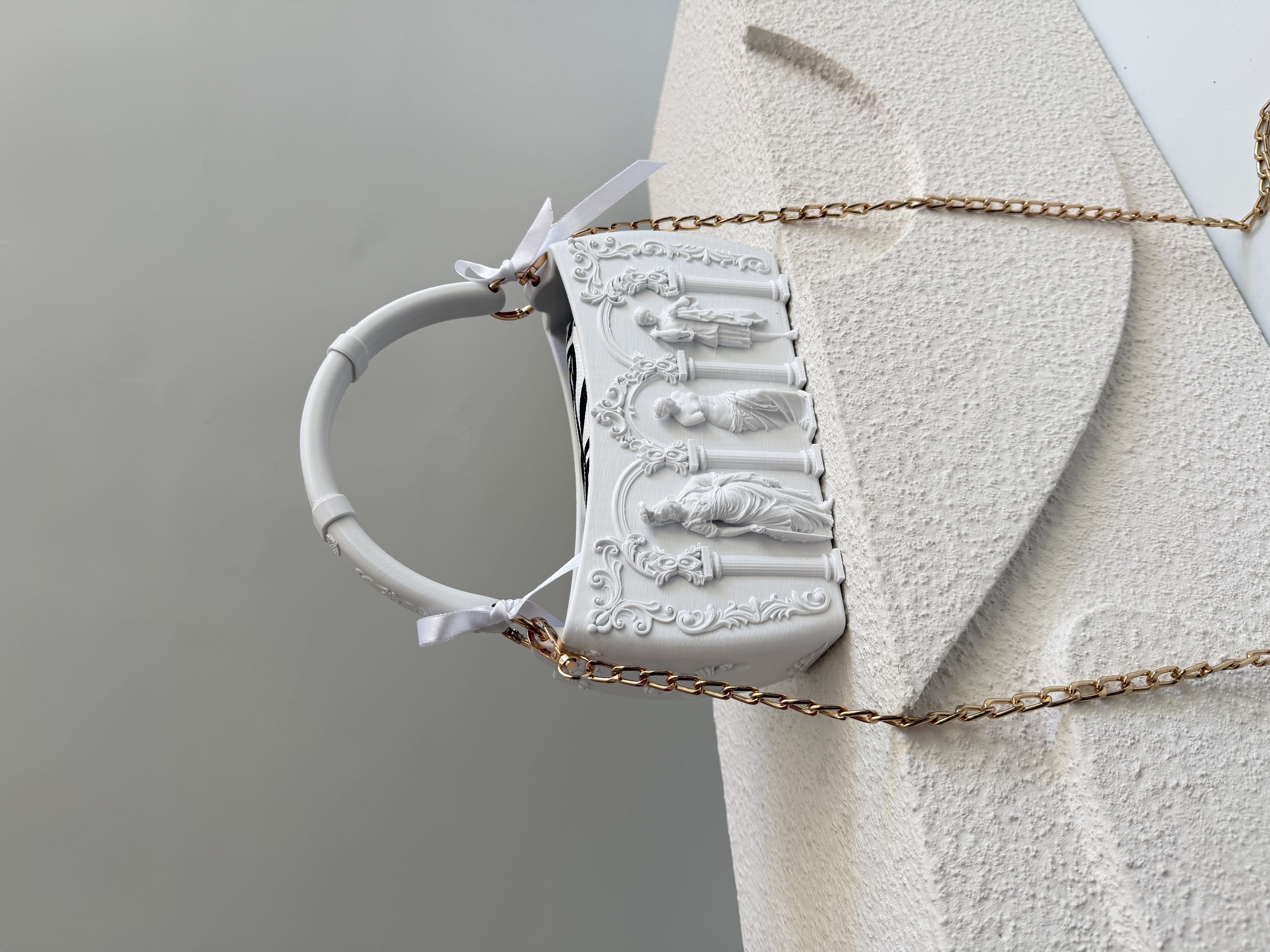 3D Baskı Vintage Desenli Heykel Figürlü Beyaz Kadın El ve Omuz Çantası