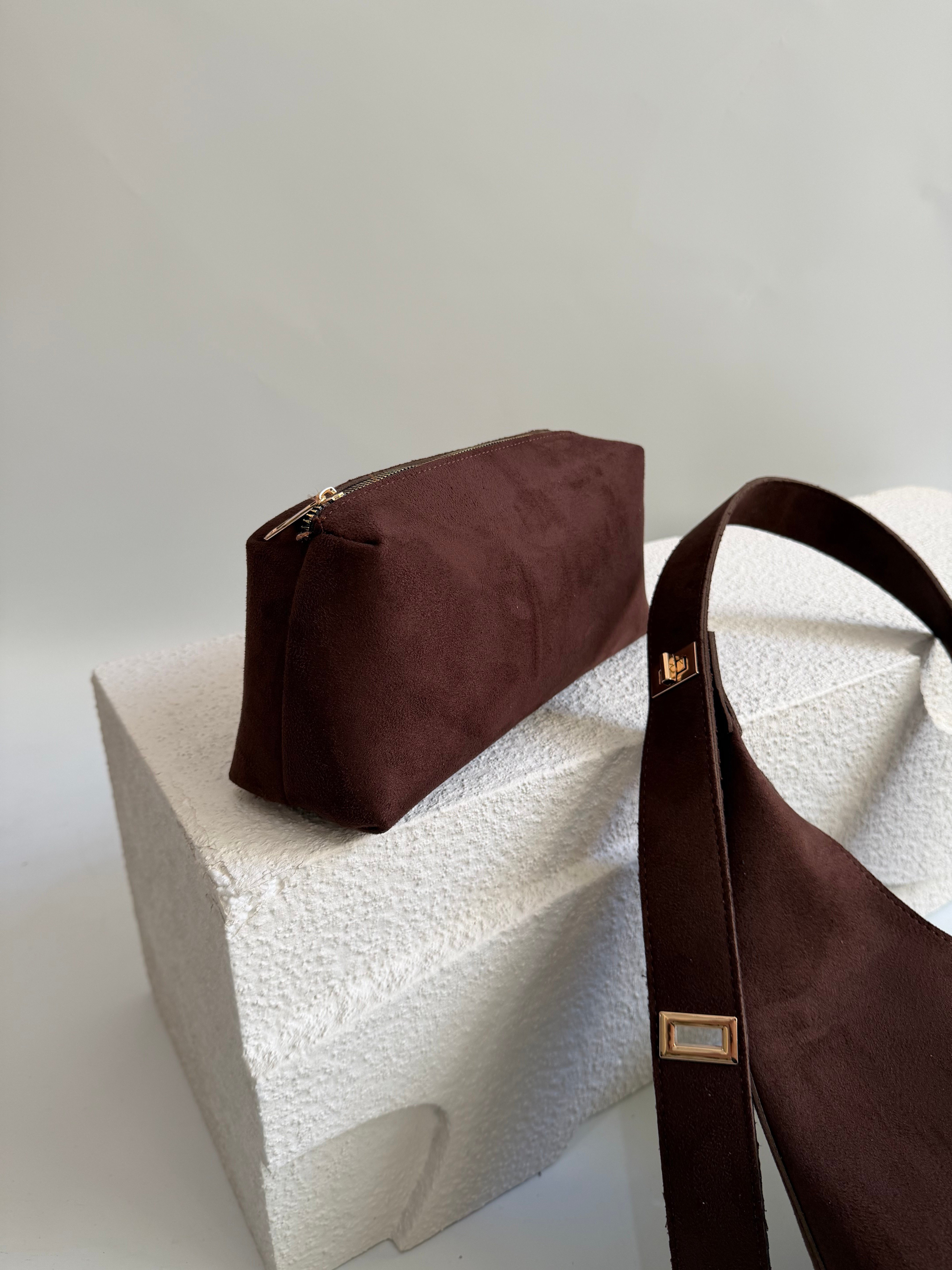Gift Model El Ve Kadın Omuz Çantası Süet Çanta Yavru Hediyeli Acı Kahve