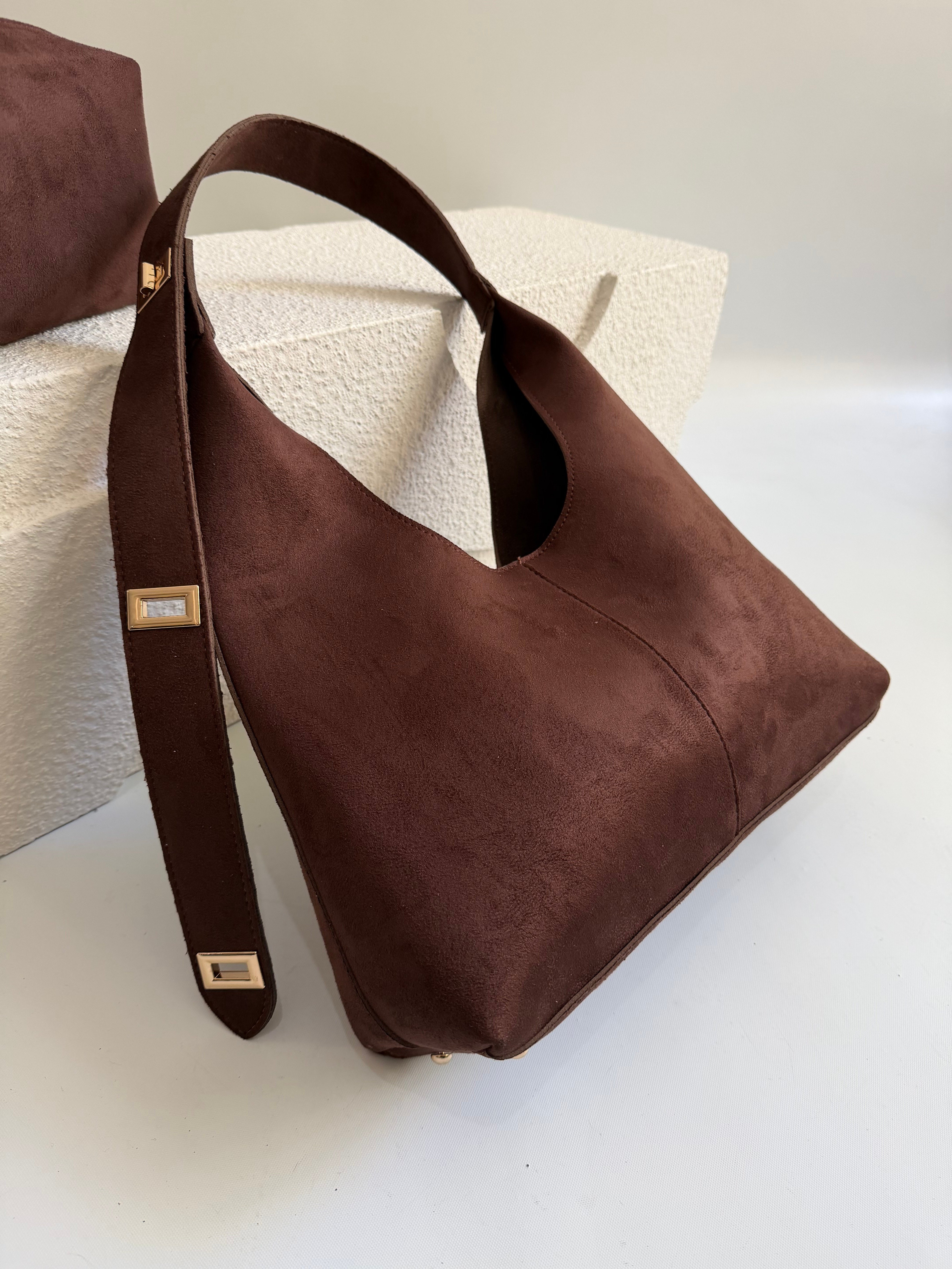 Gift Model El Ve Kadın Omuz Çantası Süet Çanta Yavru Hediyeli Acı Kahve