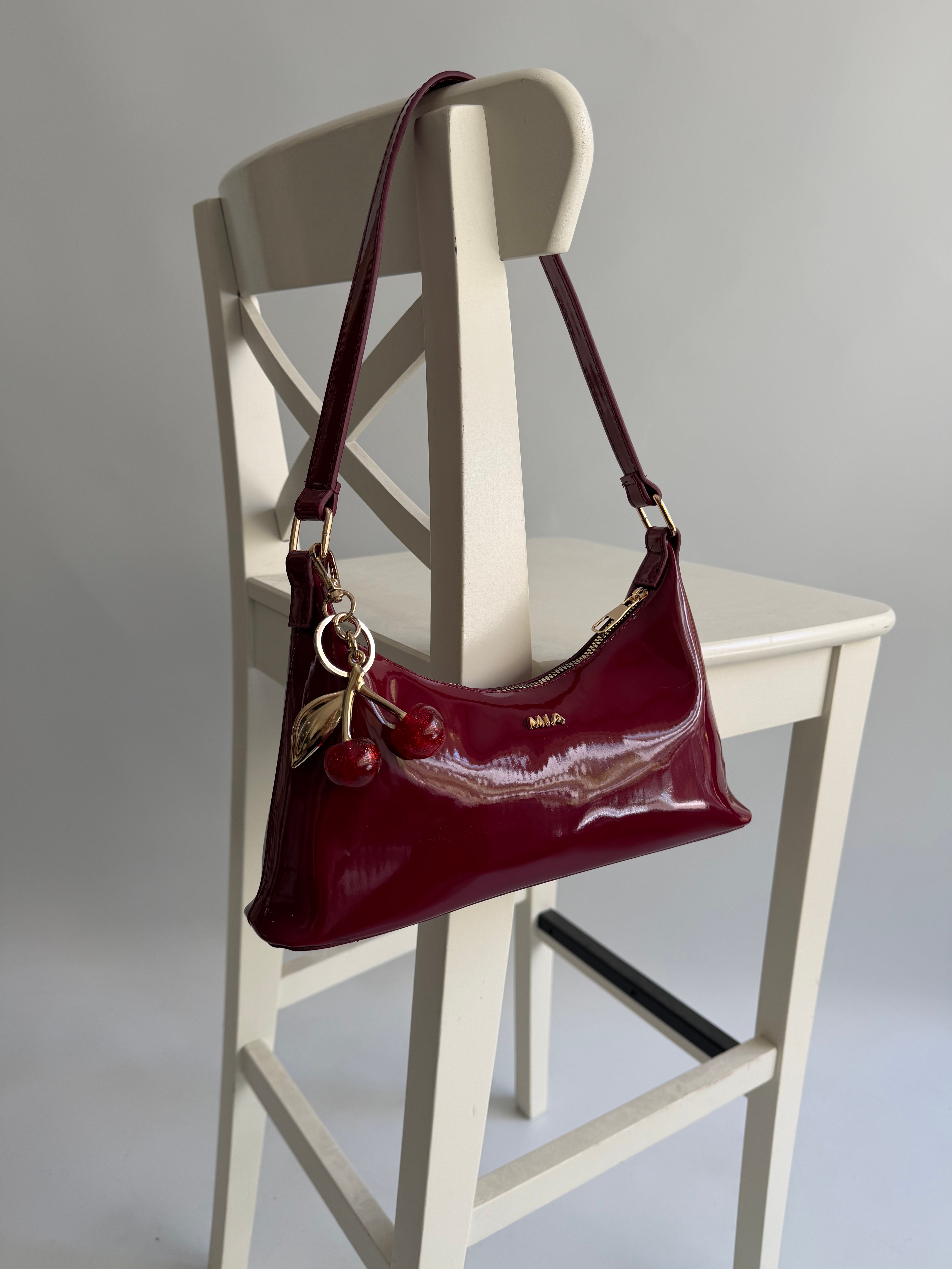 Rugan Baget Model Kadın El ve Omuz Çantası Bordo Cherry Red ( Kiraz Hediyeli )