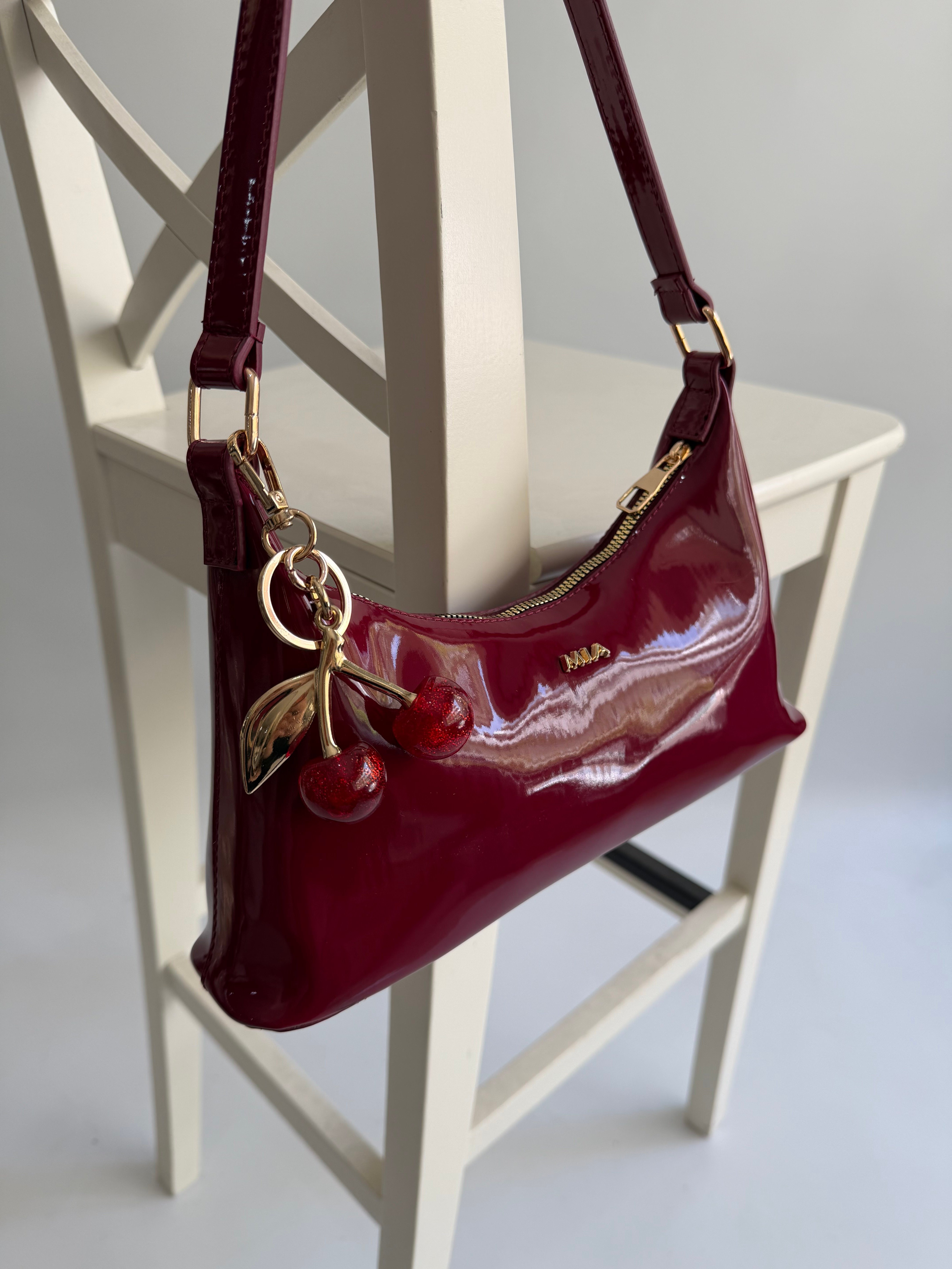 Rugan Baget Model Kadın El ve Omuz Çantası Bordo Cherry Red ( Kiraz Hediyeli )