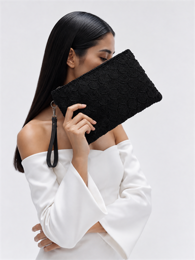 Dantel Model Clutch Çanta , Portföy Çanta , El Çantası Siyah