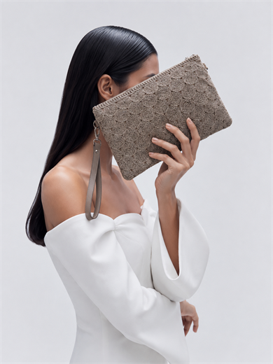 Dantel Model Clutch Çanta , Portföy Çanta , El Çantası Vizon