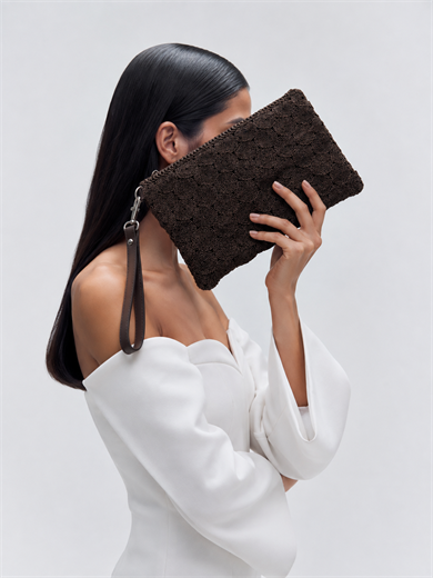 Dantel Model Clutch Çanta , Portföy Çanta , El Çantası Acı Kahve