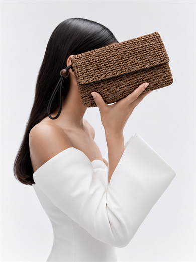 Sade Model Clutch Çanta , Portföy Çanta , El Çantası  Hasır Cam Kırığı Siyah