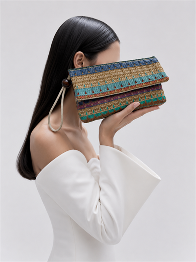 Sade Model Clutch Çanta , Portföy Çanta , El Çantası  Hasır Renkli