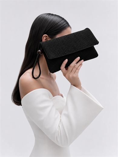 Sade Model Clutch Çanta , Portföy Çanta , El Çantası  Hasır Siyah