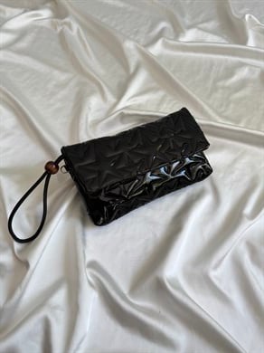 Star Kapaklı Model Clutch Çanta , Portföy Çanta , El Çantası  Rugan Siyah