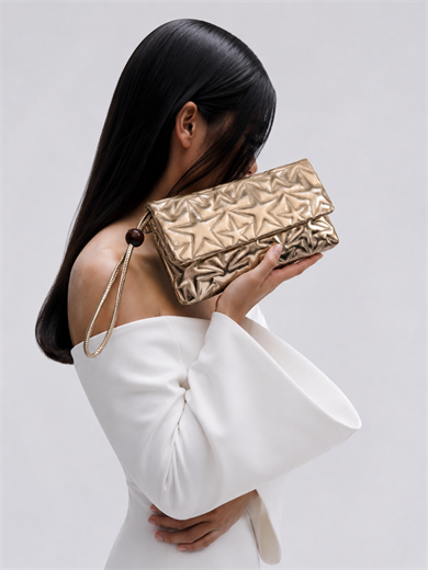 Star Kapaklı Model Clutch Çanta , Portföy Çanta , El Çantası  Gold