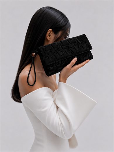 Star Kapaklı Model Clutch Çanta , Portföy Çanta , El Çantası  Kumaş Siyah