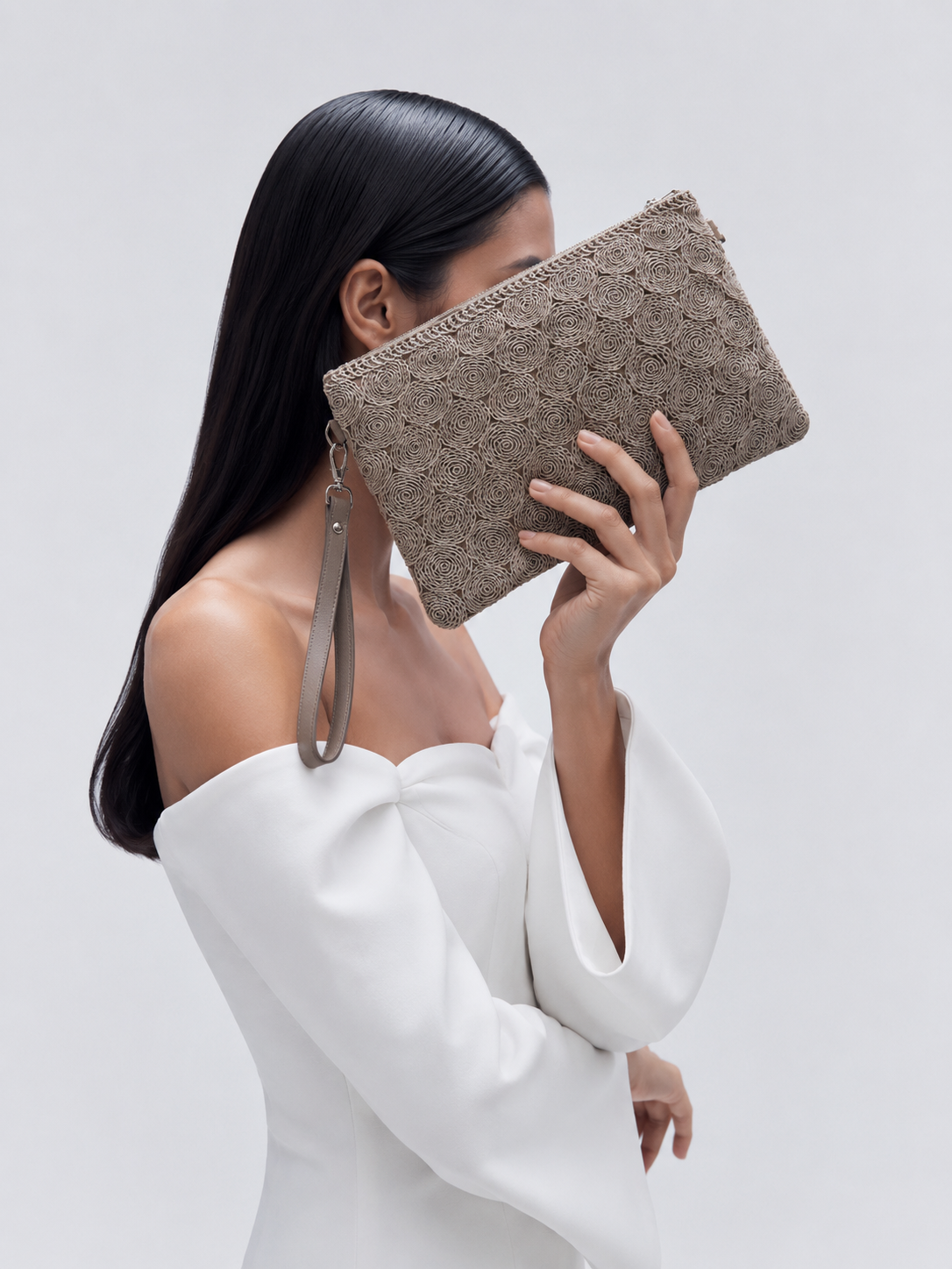 Dantel Model Clutch Çanta , Portföy Çanta , El Çantası Vizon