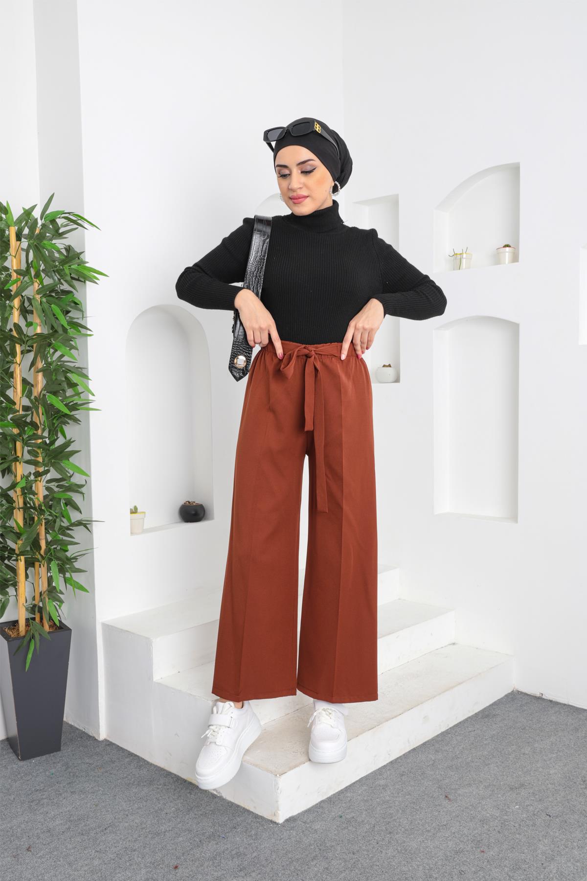 Bol Paça Double Krep Pantolon Kahve