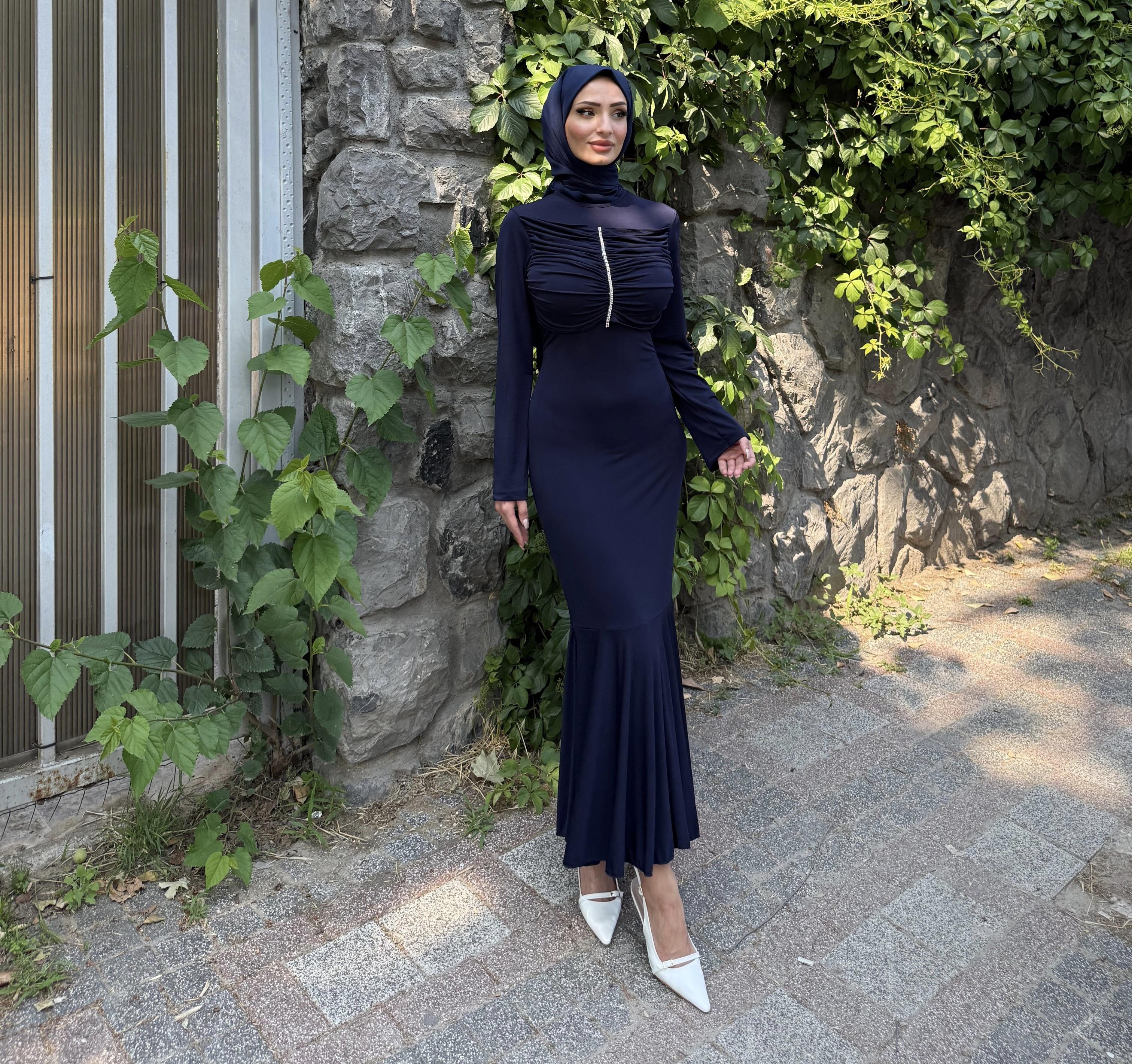 Erva Taşlı Elbise Lacivert