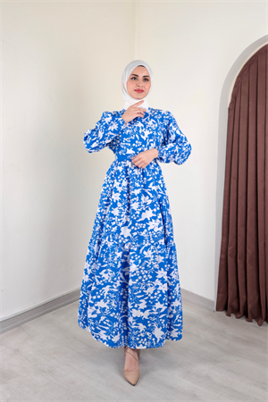 Yaprak Desen Kampanyalı Elbise Mavi
