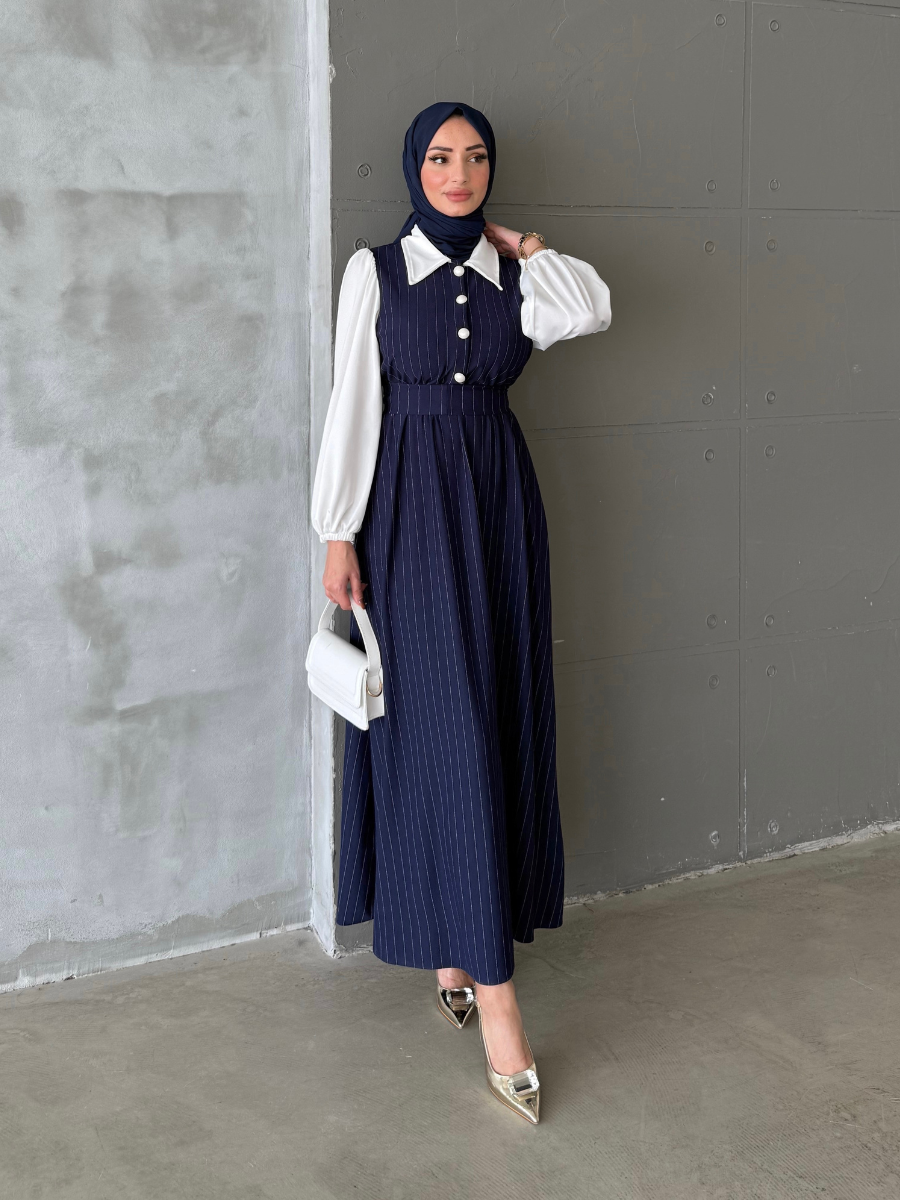 Çizgili Gömlek Elbise Lacivert