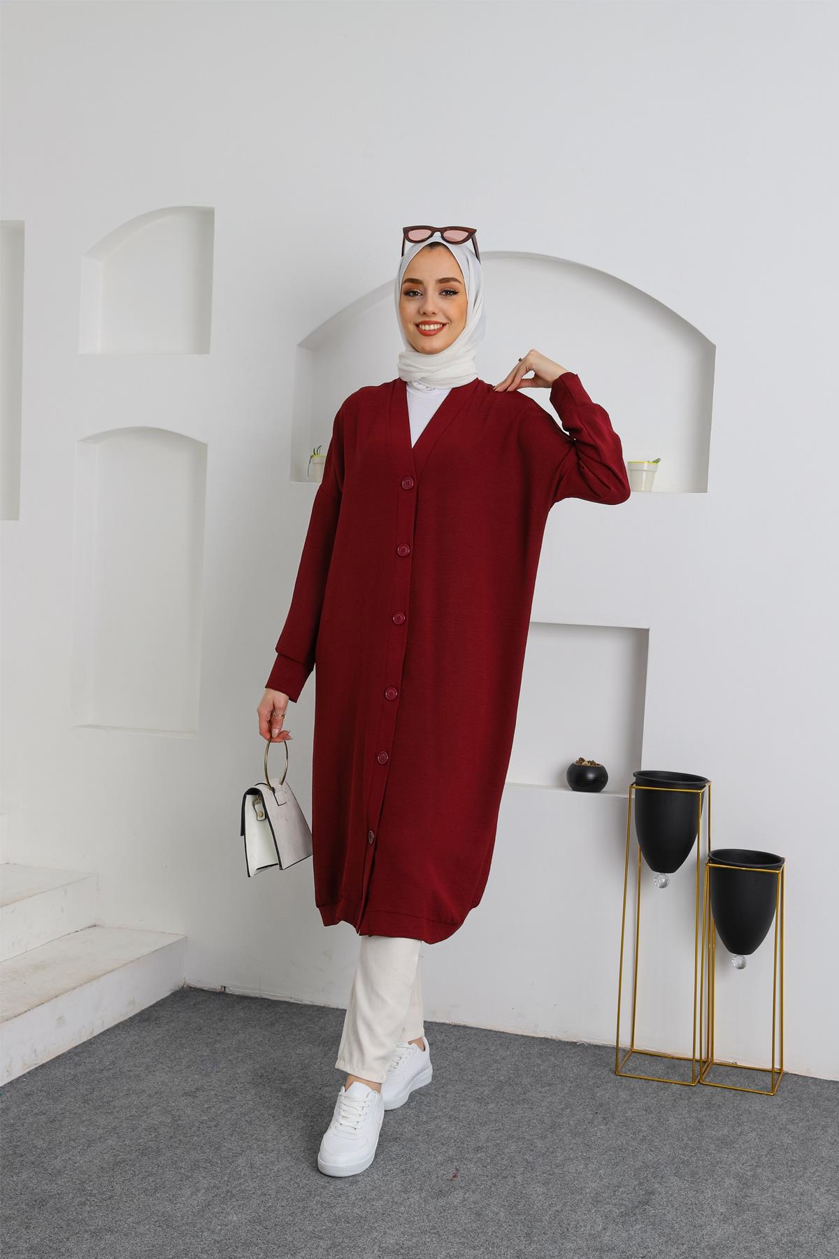 Düğmeli Hırka Bordo