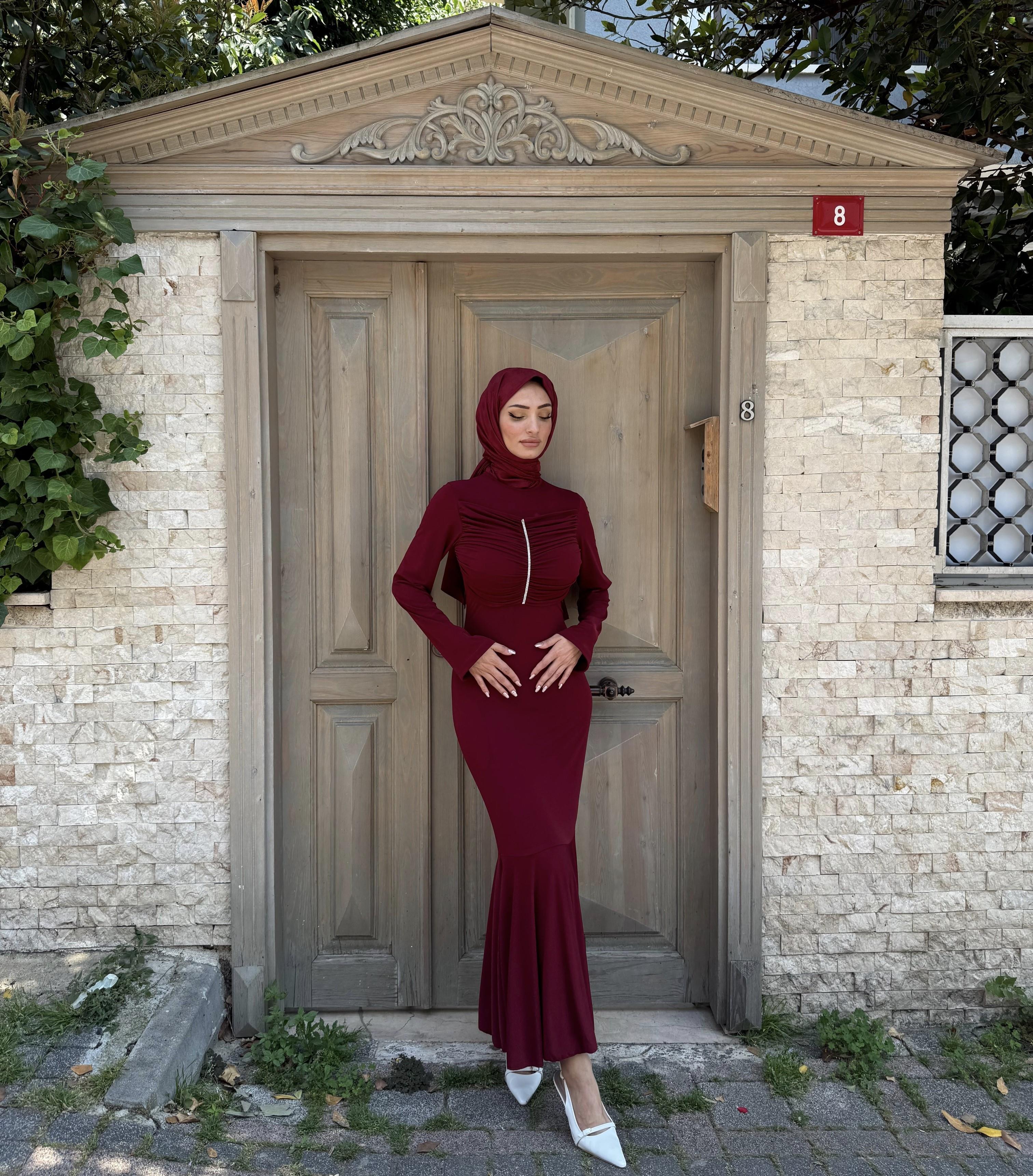 Erva Taşlı Elbise Bordo