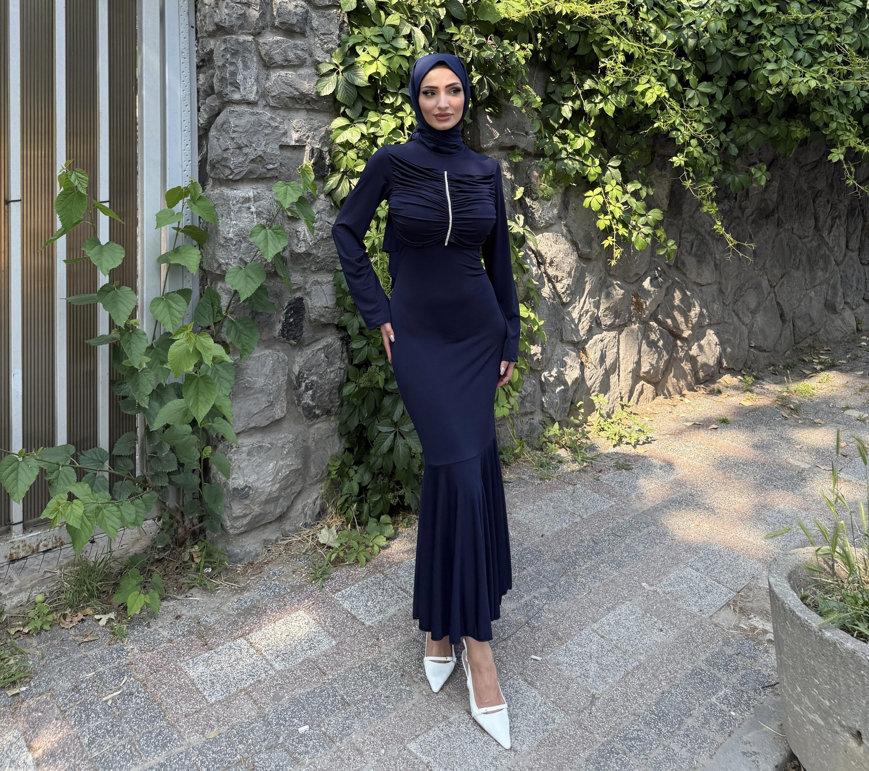 Erva Taşlı Elbise Lacivert