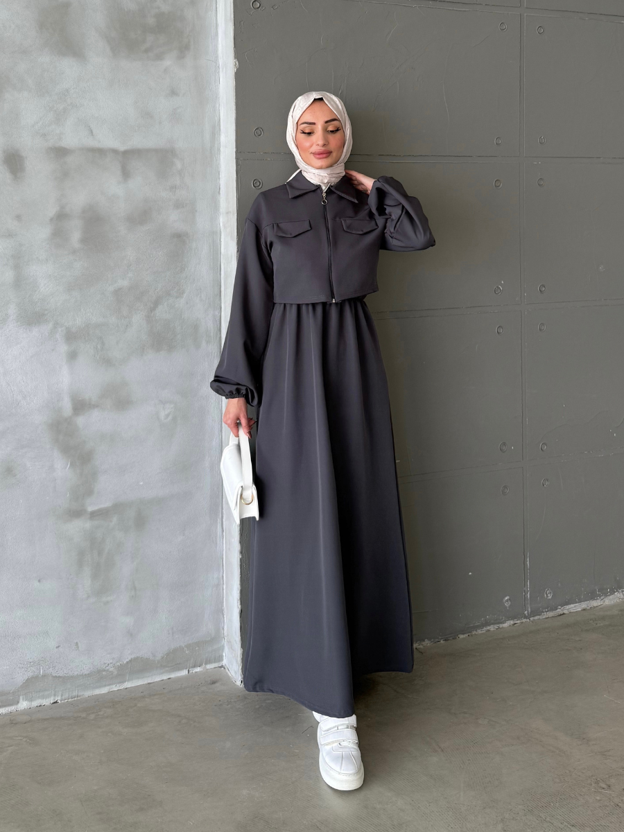 Eslem Yelekli Elbise Gri